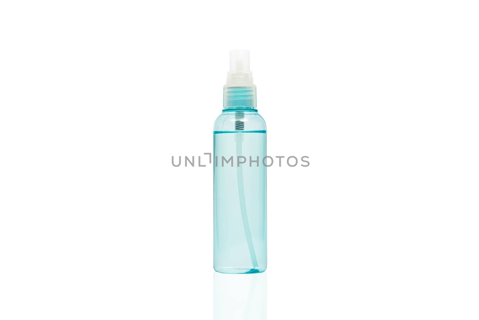 sanitizer alcohol spray in transparent plastic bottle spray injection isolated on white background for disinfection, prevent spread of germs during infection of COVID-19 Coronavirus outbreak situation