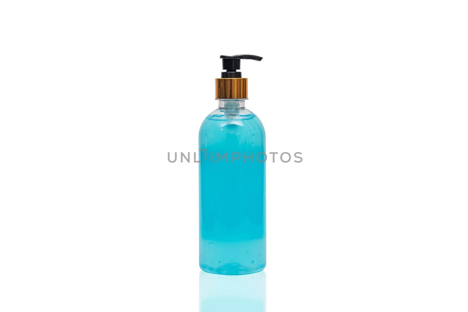 hand sanitizer alcohol blue gel in transparent plastic bottle pump isolated on white background for disinfection, prevent spread of germs during infections of COVID-19 Coronavirus outbreak situation
