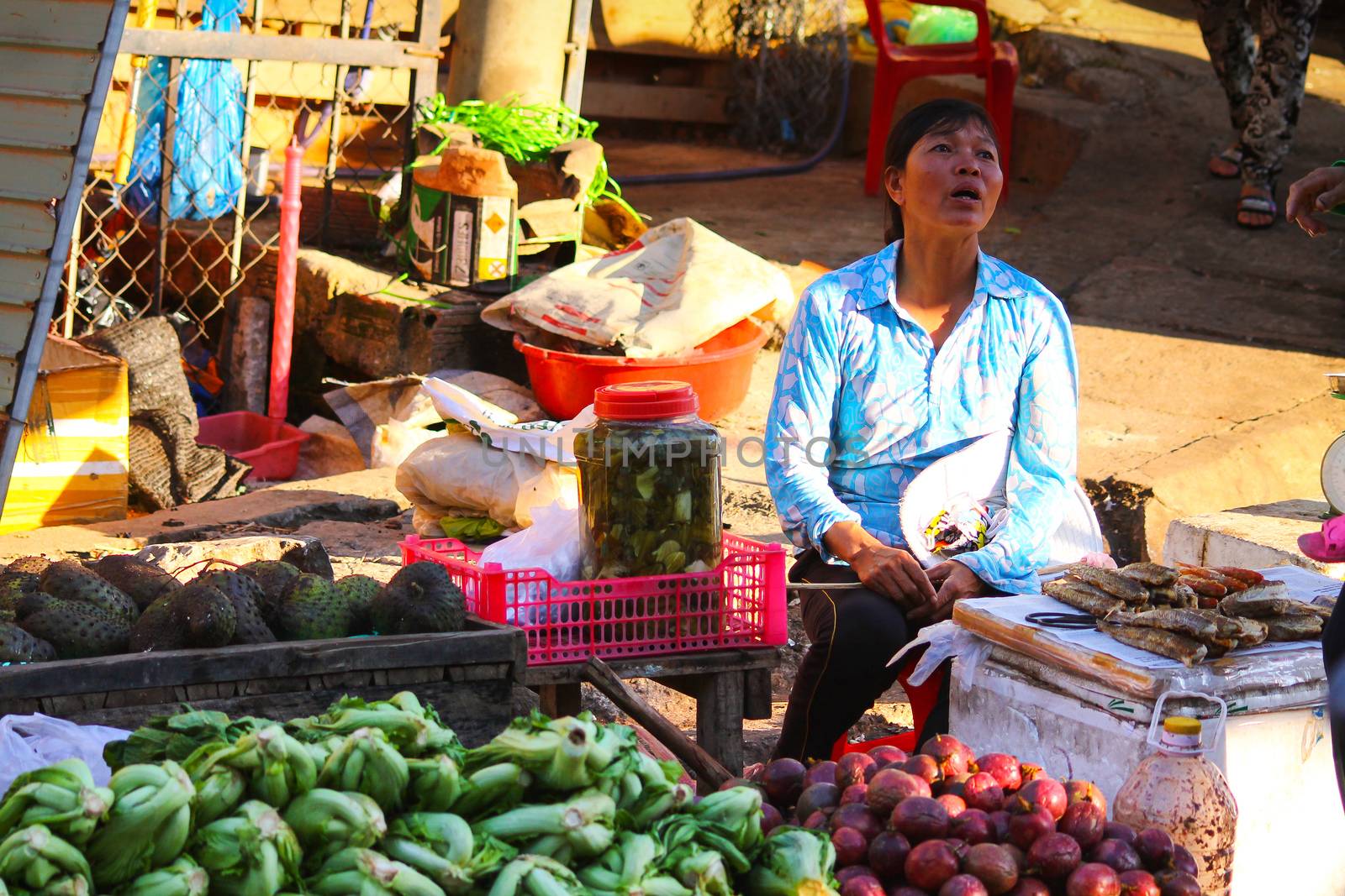 Editorial. Vietnamese woman selling fresh produce on the side of the street in Quy Nhon, Vietnam
