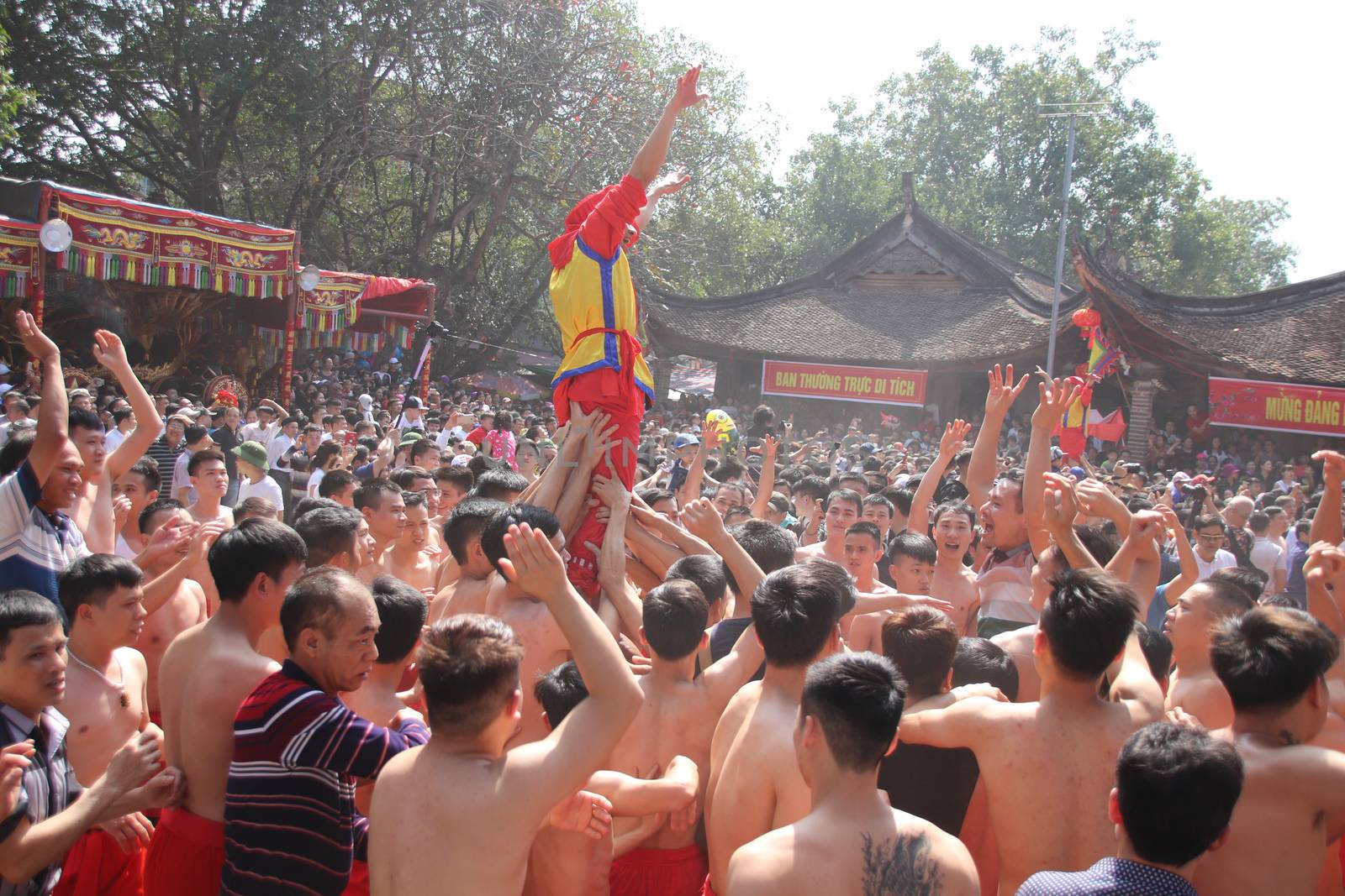 “Ong dam” procession at the communal house during the Dong Ky Firecracker Festival or Hoi Phao Dong Ky in Bac Ninh Vietnam