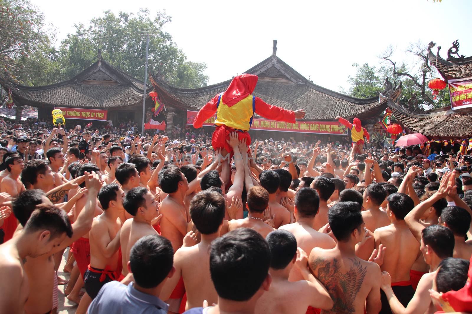 “Ong dam” procession at the communal house during the Dong Ky Firecracker Festival or Hoi Phao Dong Ky in Bac Ninh Vietnam