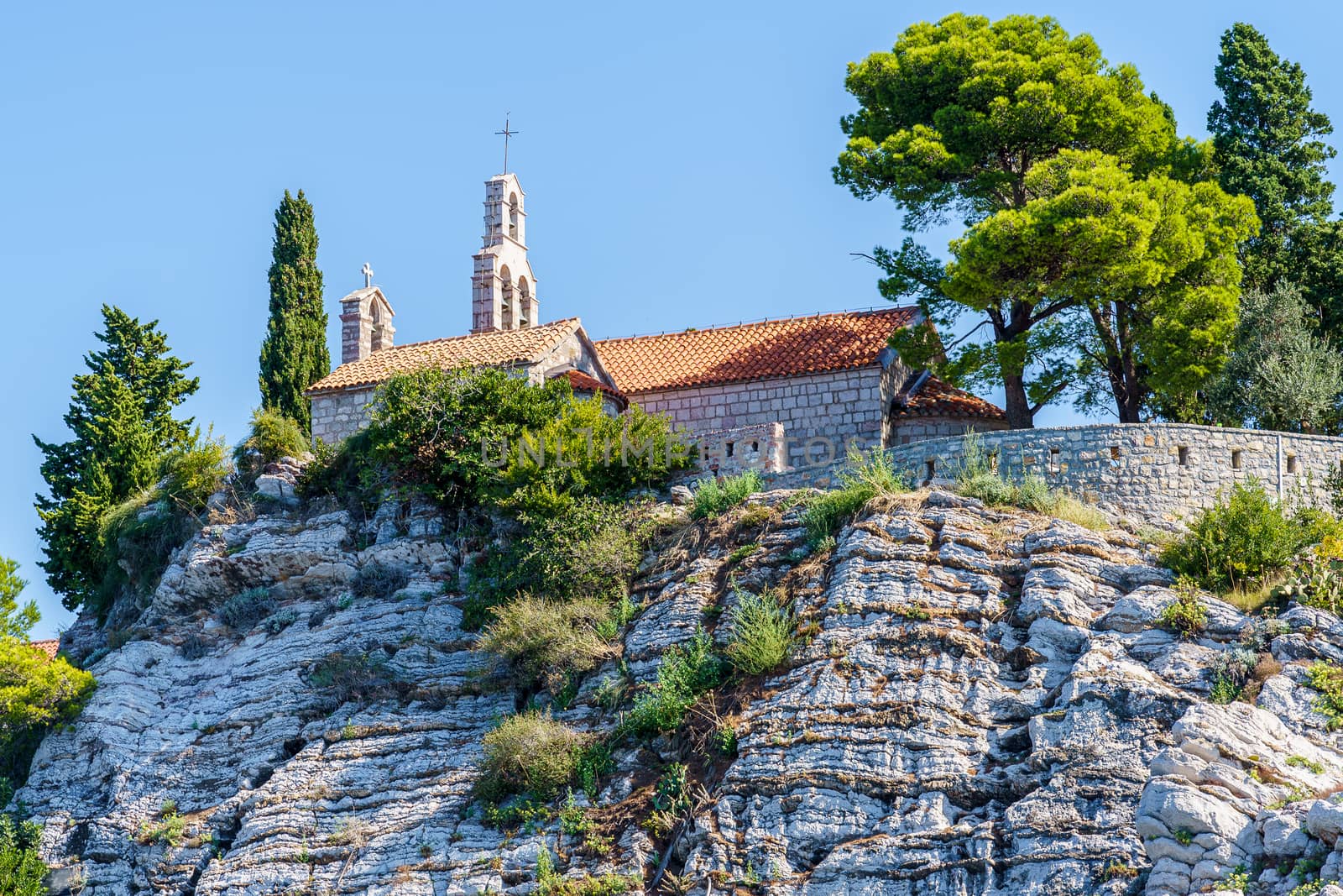 St. Stephen's island off the coast of Montenegro, view of the temple from the sea