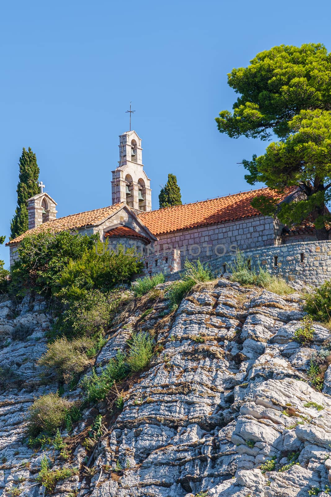 St. Stephen's island off the coast of Montenegro, view of the temple from the sea