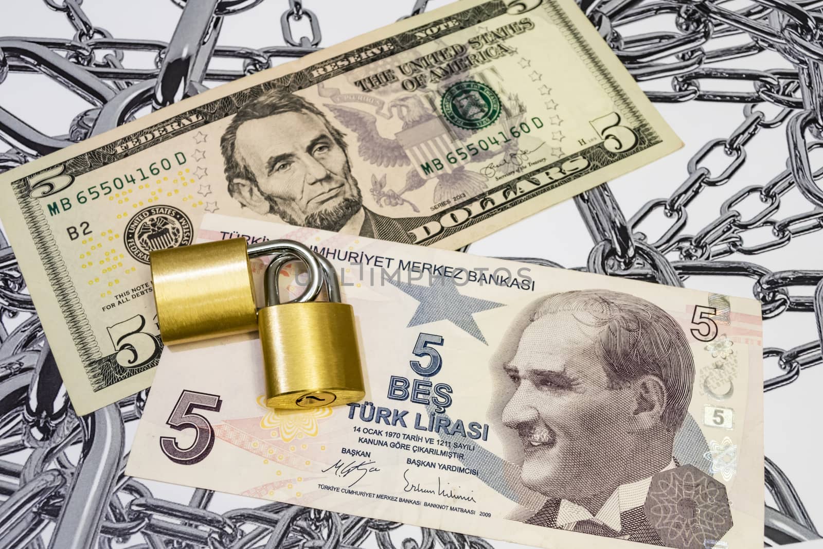 close up us dollar and turkish lira banknotes with padlocks on chain background