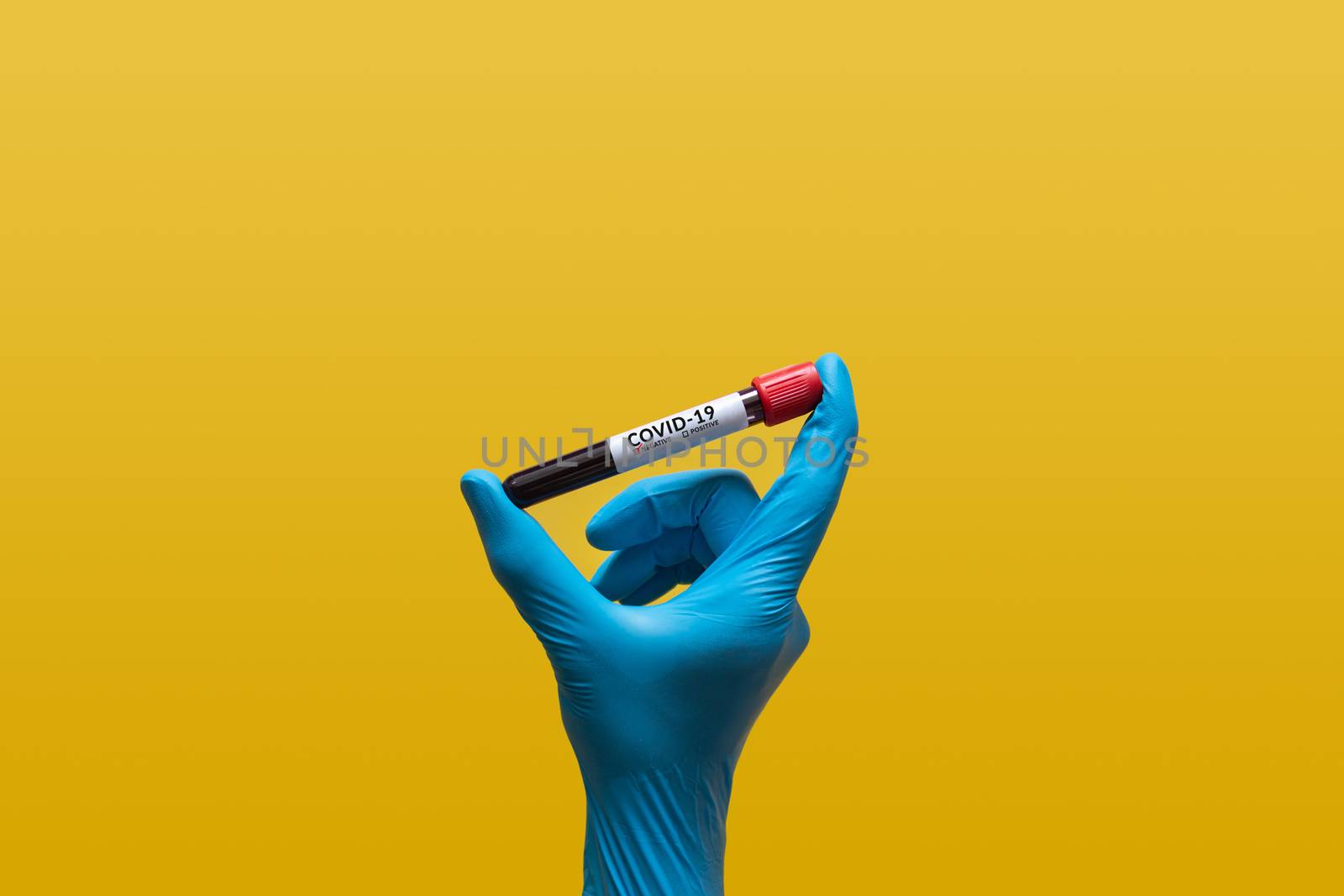 hand in blue rubber glove holding Coronavirus blood sample in te by asiandelight