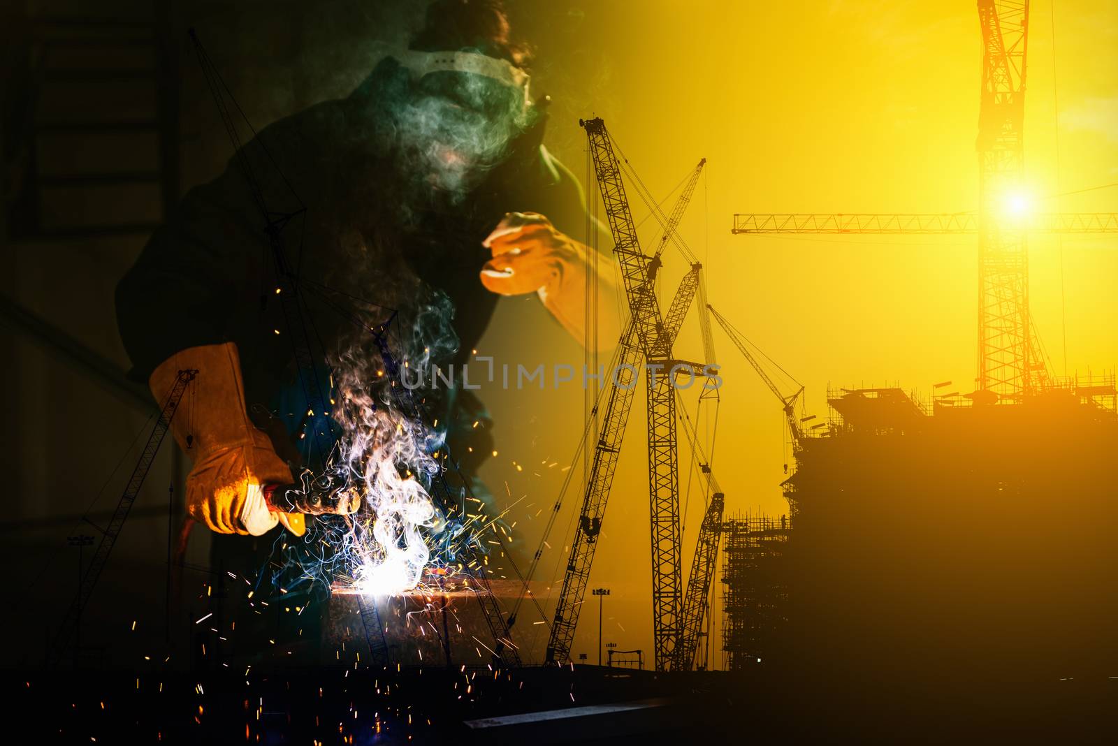 Double Exposure of Craftsman Welder is Welding Steel Frame on Construction Site Background, Welder Man in Safety Protective Equipment Doing Structure Metalwork in Fabrication Site. Engineering Skills