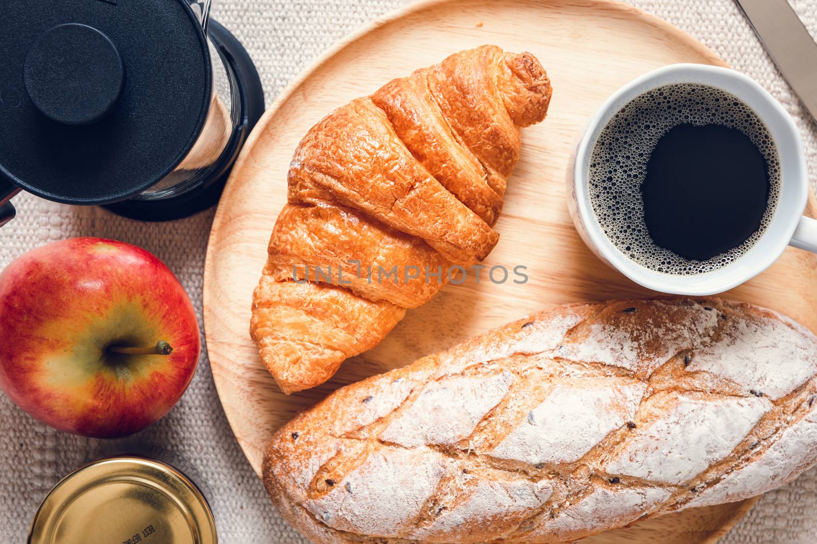 Breakfast Nature Vegan Vegetarian Food With Milk, Honey, Bread and Natural Fresh Fruit on a Table. Natural Keto Diet Eating for Healthy Nutrients Concept., Beverage and Homemade Nutrition Food.