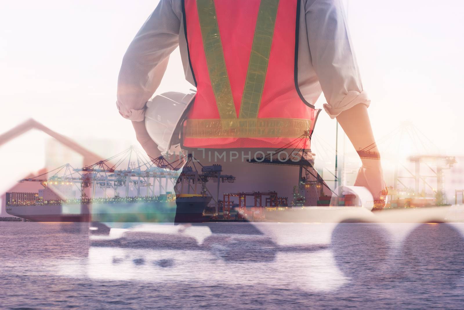 Double Exposure of Engineer in Safety Equipment on Shipping Terminal Industry Background, Technician Man Operator of Handling Container Shipment Freight. Business Transportation and Logistics Industry by MahaHeang245789