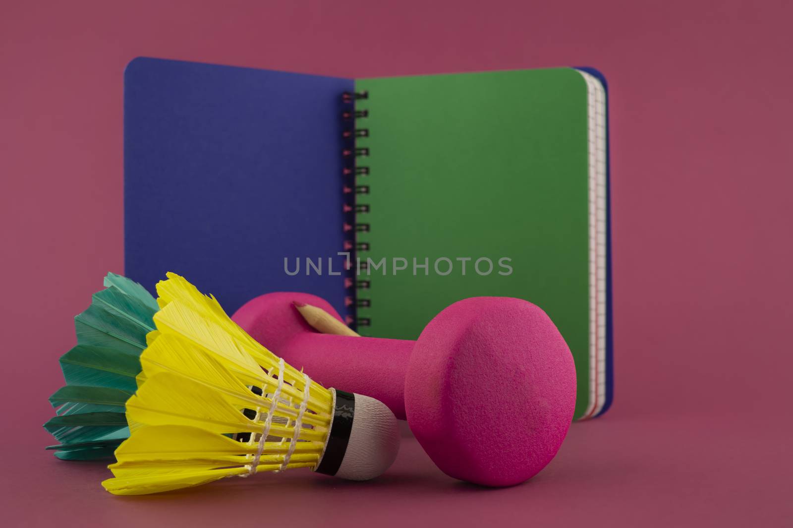 Sport weight loss and fitness concept with a badminton shuttlecocks and dumbbell weight alongside an open notebook with pen on a bright pink background