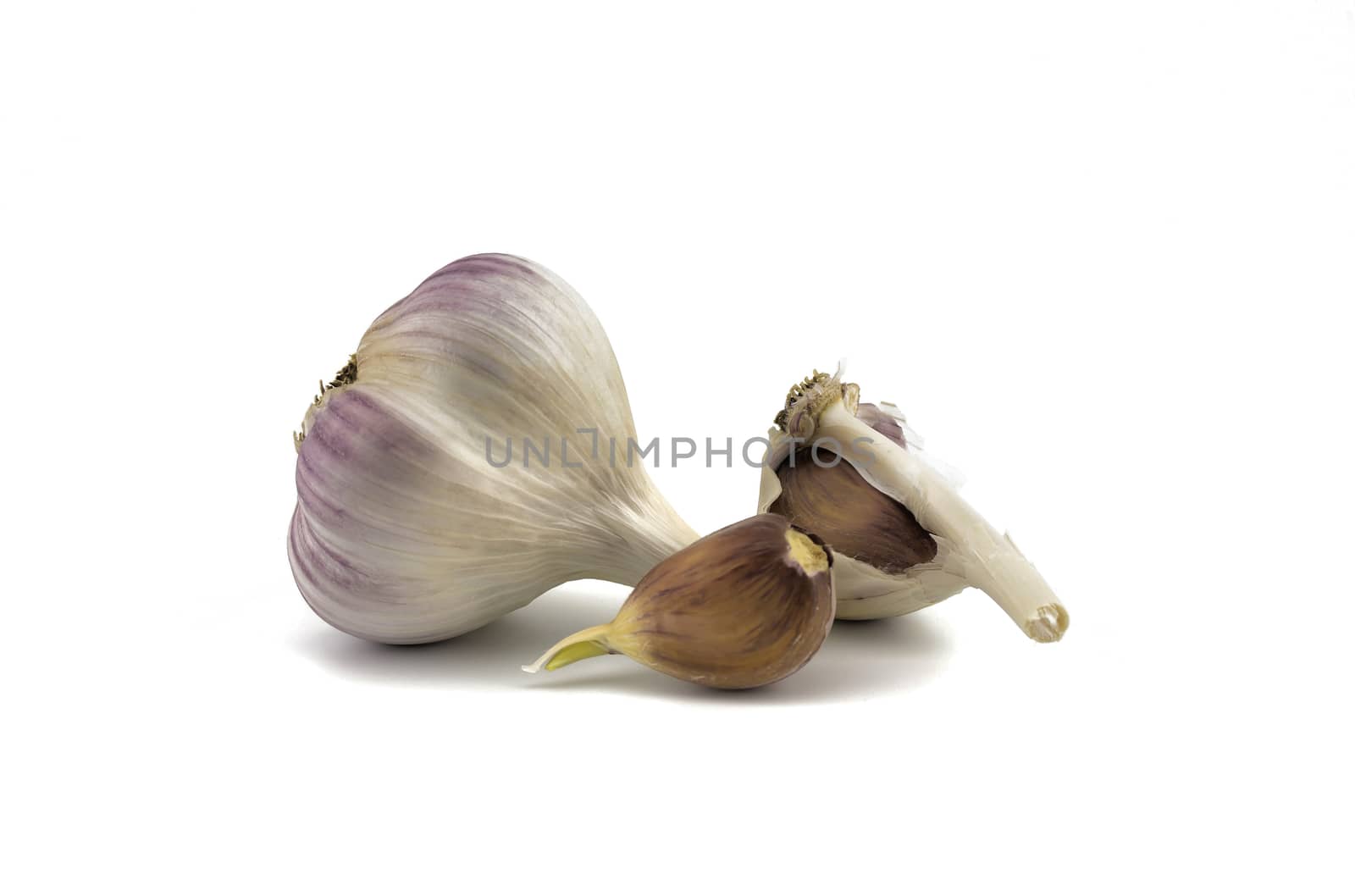 Garlic bulbs and cloves in close-up isolated on white background