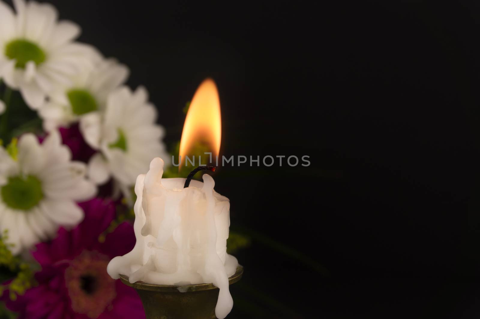 Short white candle burning on the floor in close-up among flowers against dark background.