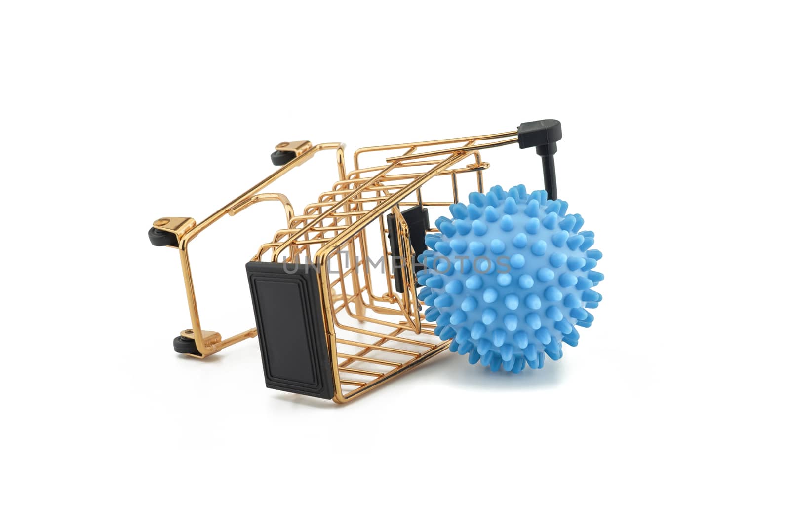 Blue virus molecule and shopping cart conceptual of the possibility of infection with corona virus or Covid-19 over a white background