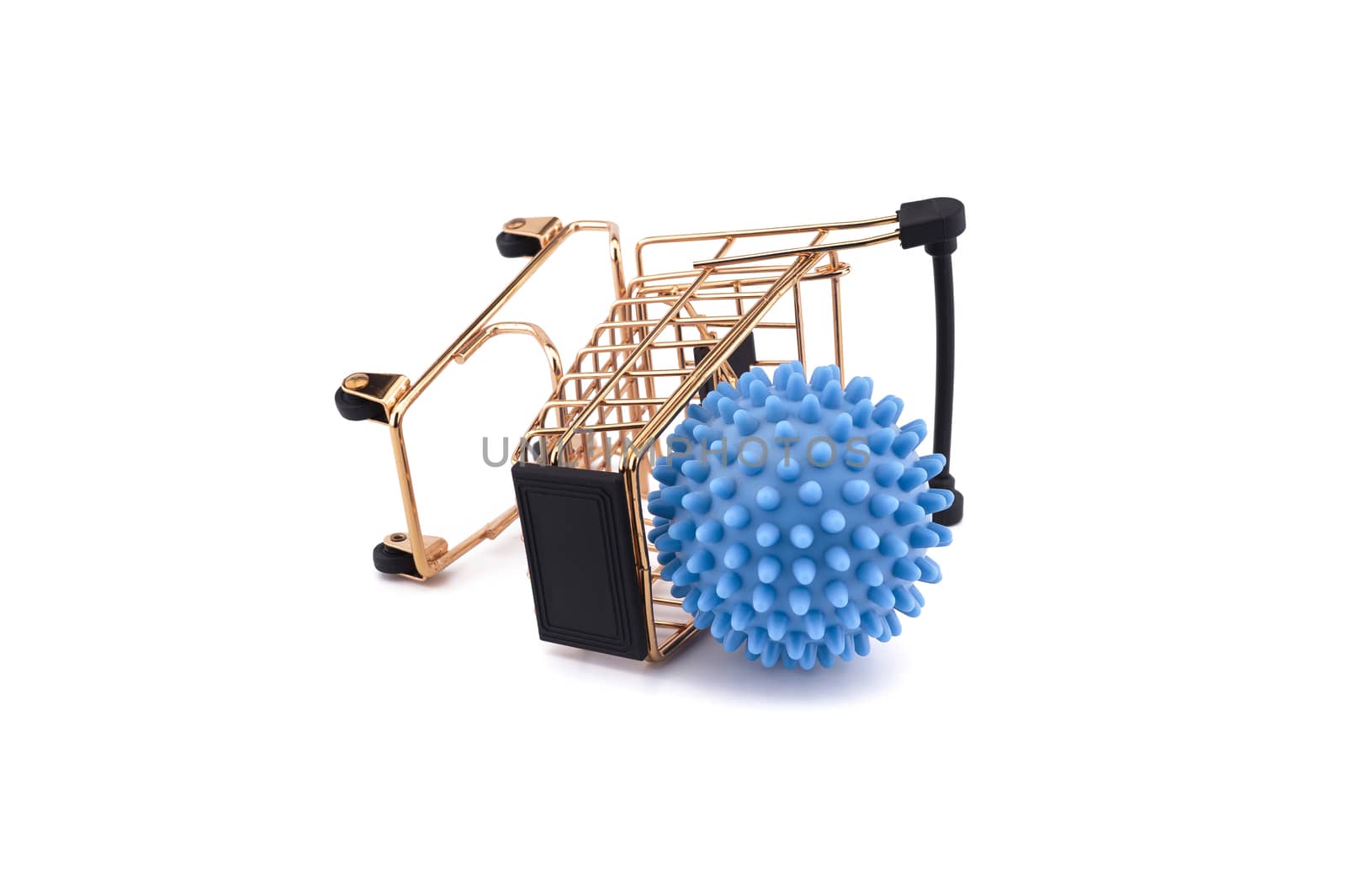 Blue virus molecule and golden shopping cart conceptual of the possibility of infection with corona virus or Covid-19 over a white background