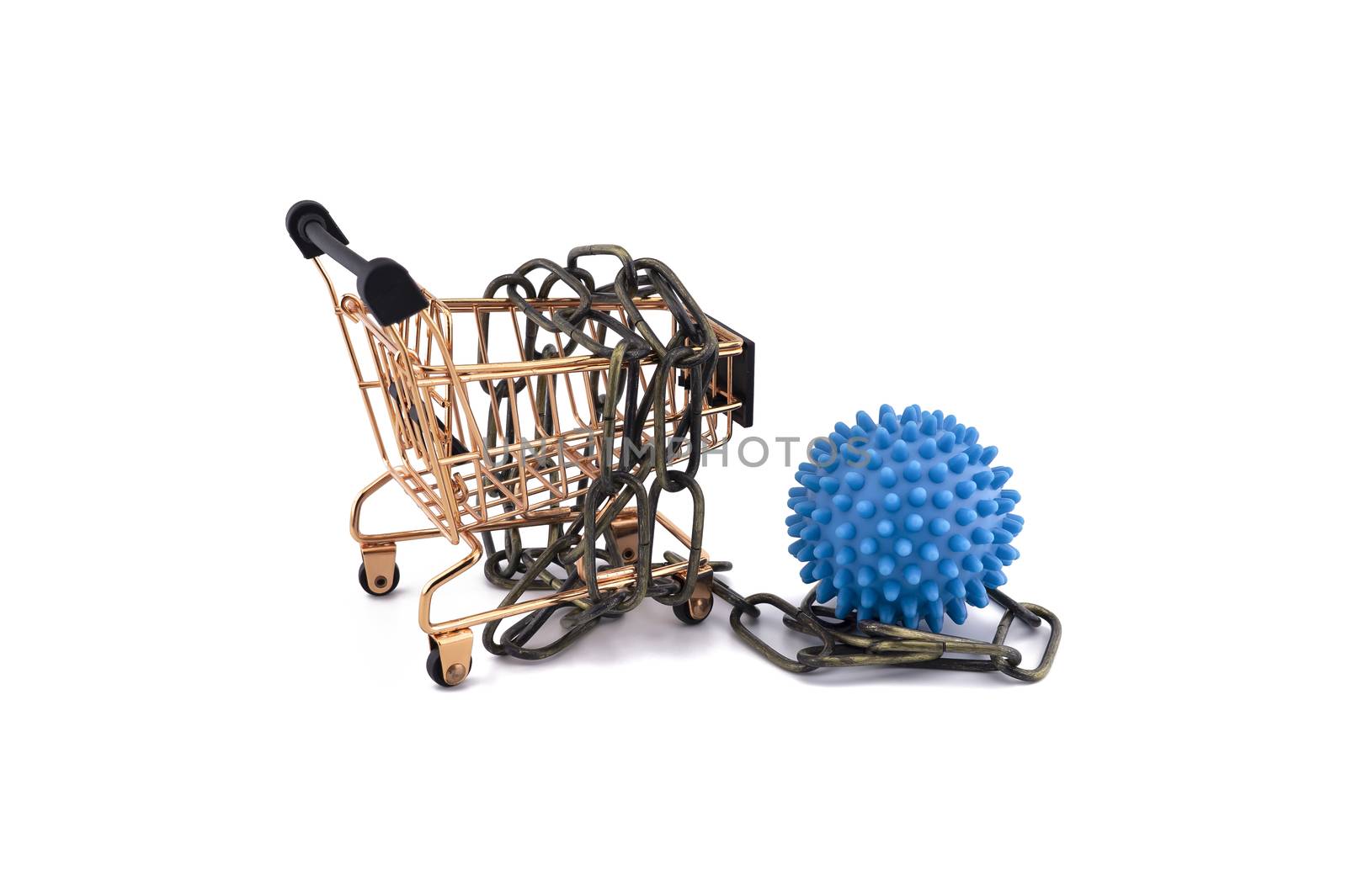 Virus pandemic and trade restriction concept with empty shopping trolley wound round a metal chain and blue virus molecule model isolated on white background