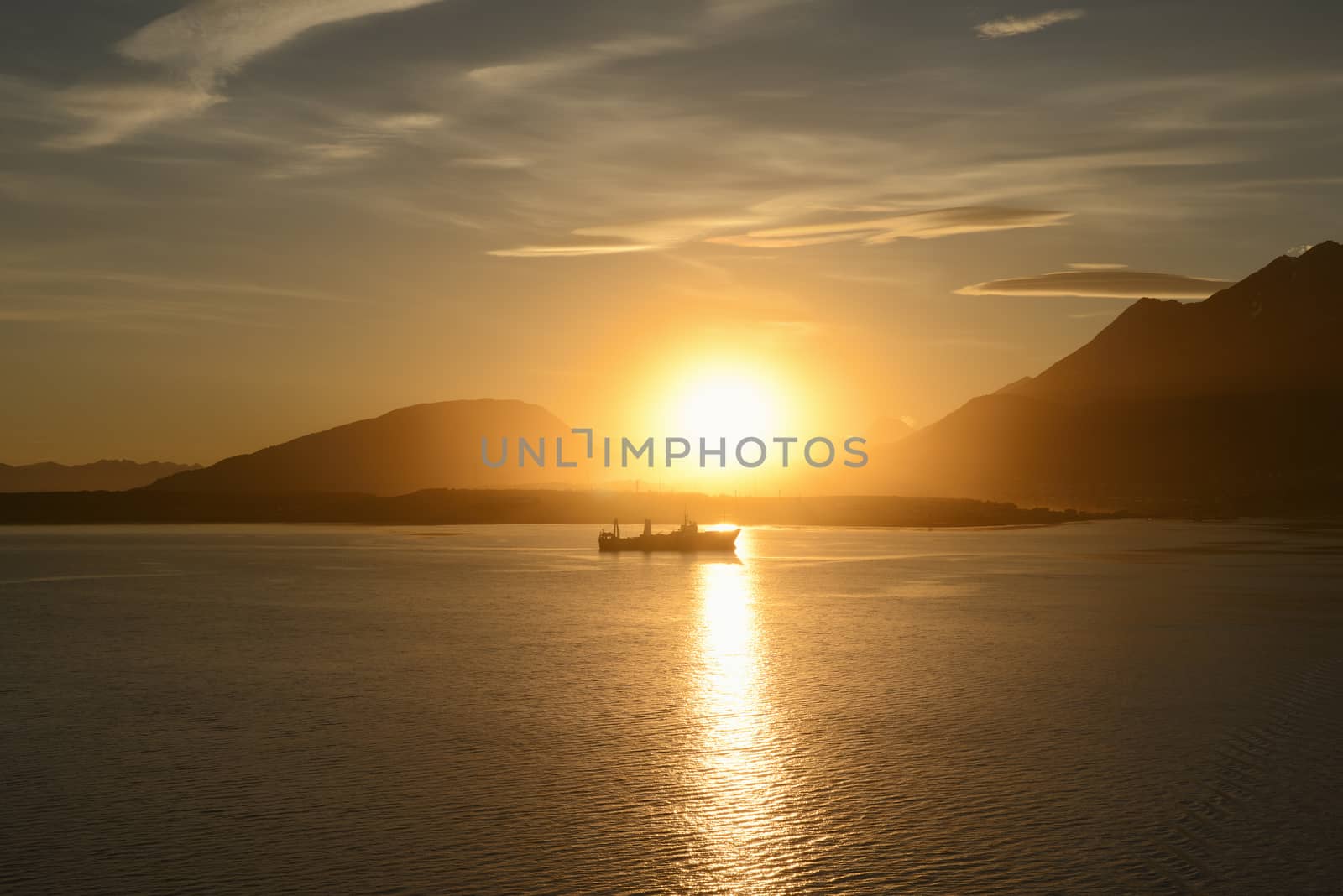 Fishing Boat At Sunset In Ushuaia, Argentina by dani3315