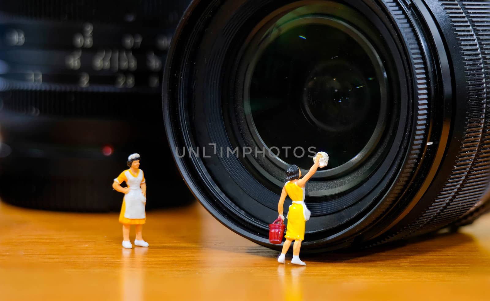 miniature woman housemaid cleaning Camera Lens