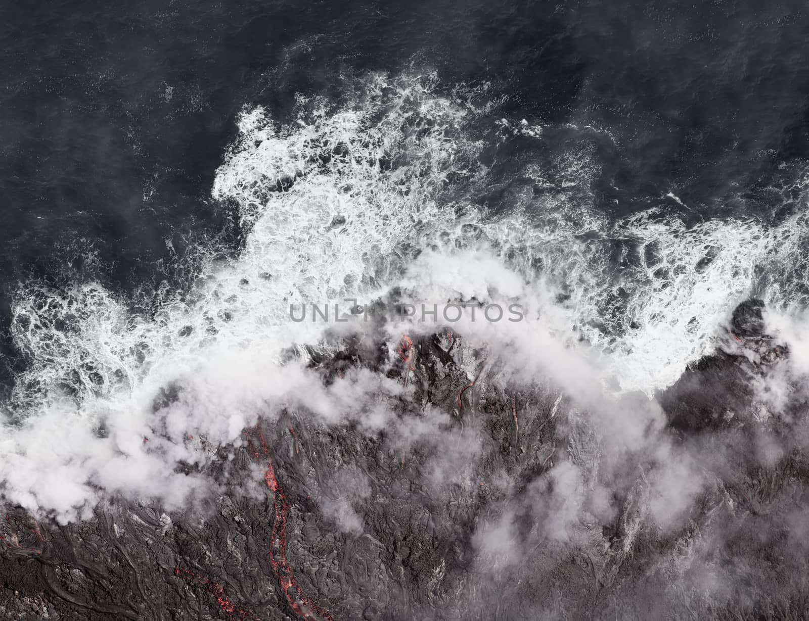 Kilauea Lava Enters The Ocean Expanding Coastline. Kilauea Volcano, Hawaii