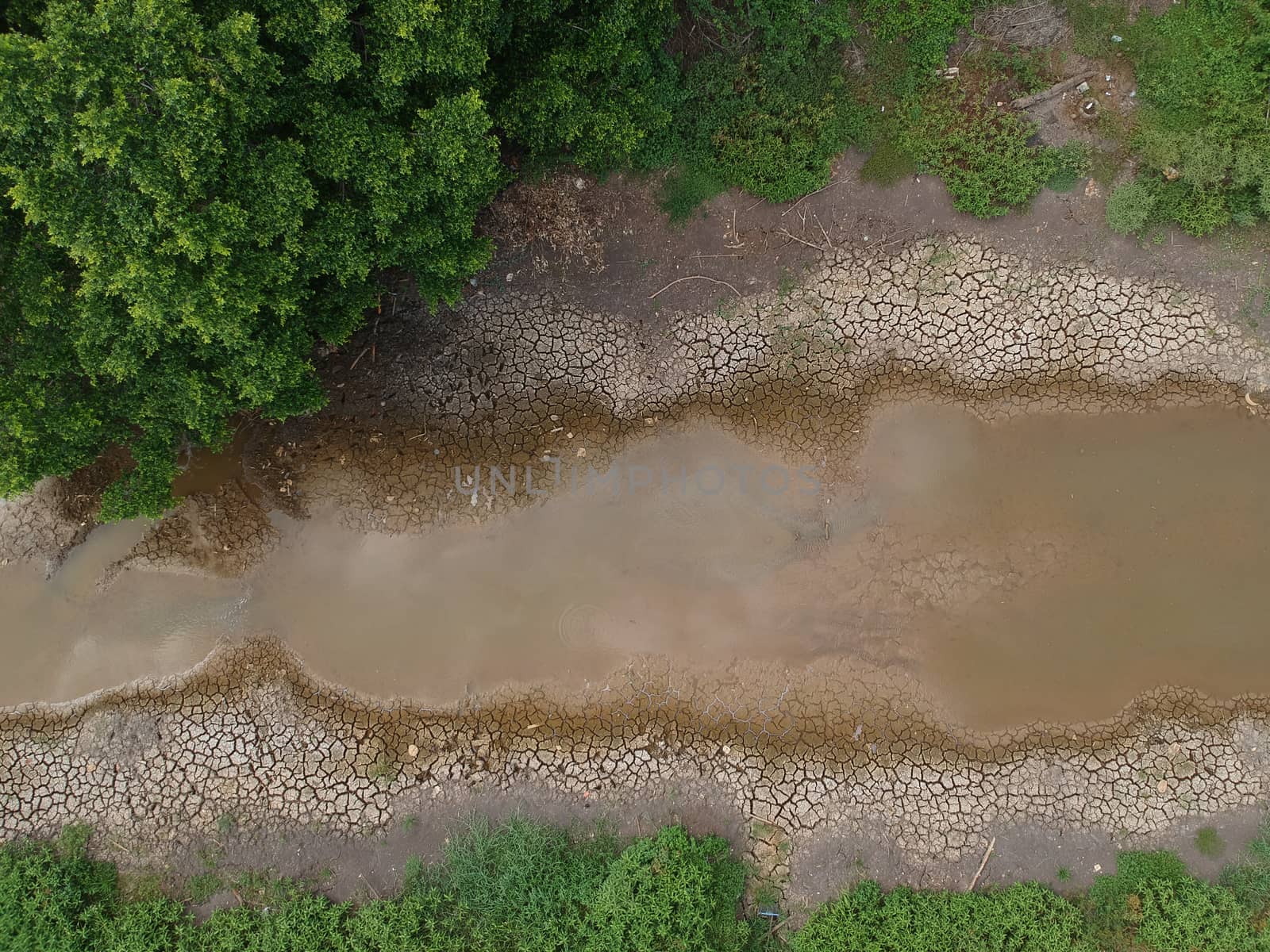 High angle view of a river that is dry, lacking water,Aerial view