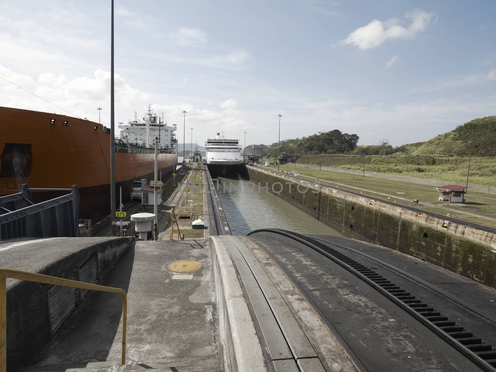  Cargo Ship And A Cruise Ship At Miraflores Locks, Panama Canal, by dani3315