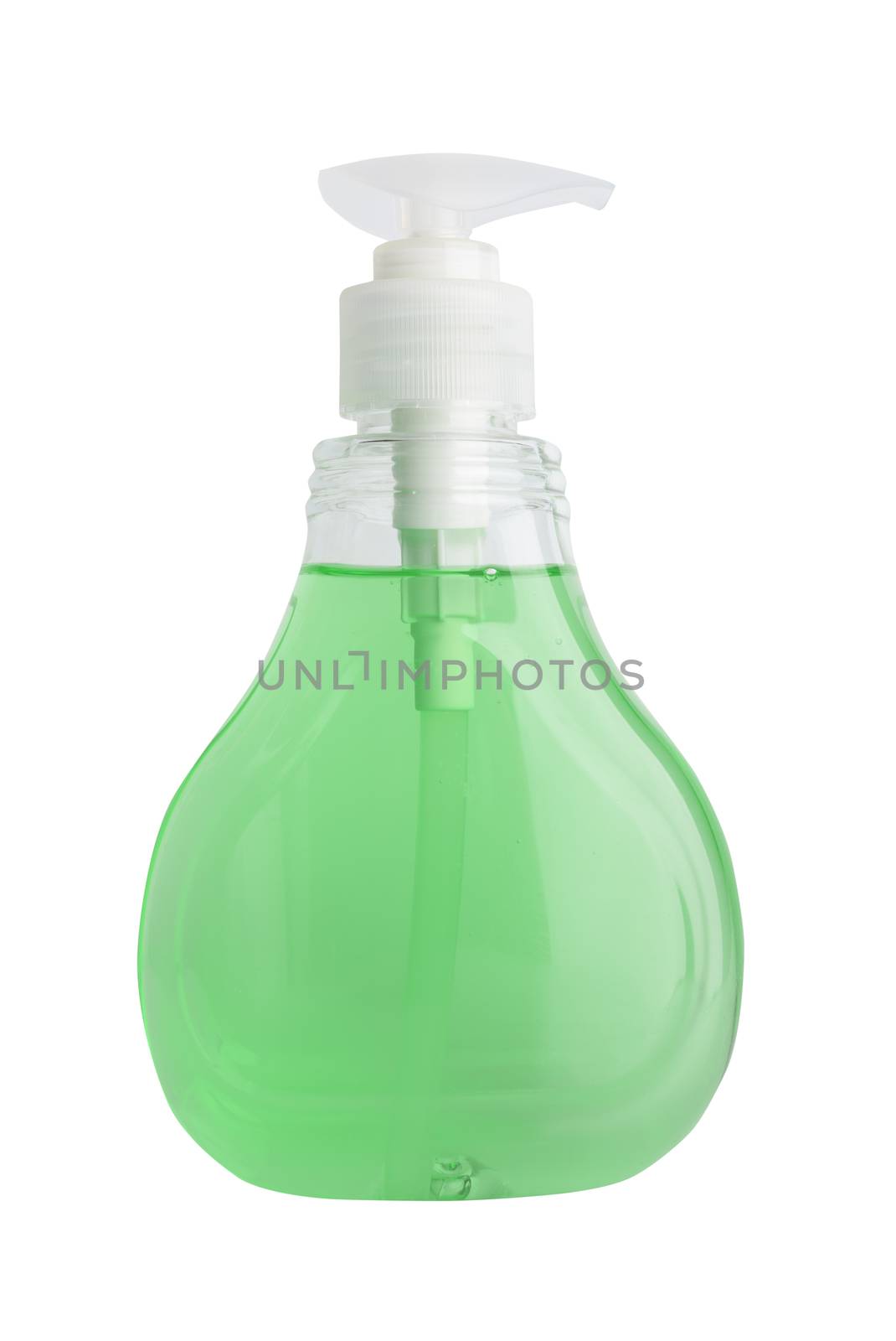 Green bottle of sanitizer or liquid soap for hand hygiene to protect from corona virus isolated over white background with clipping path