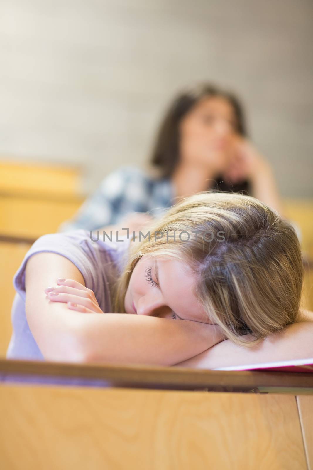 Bored student listening while classmate sleeping in university