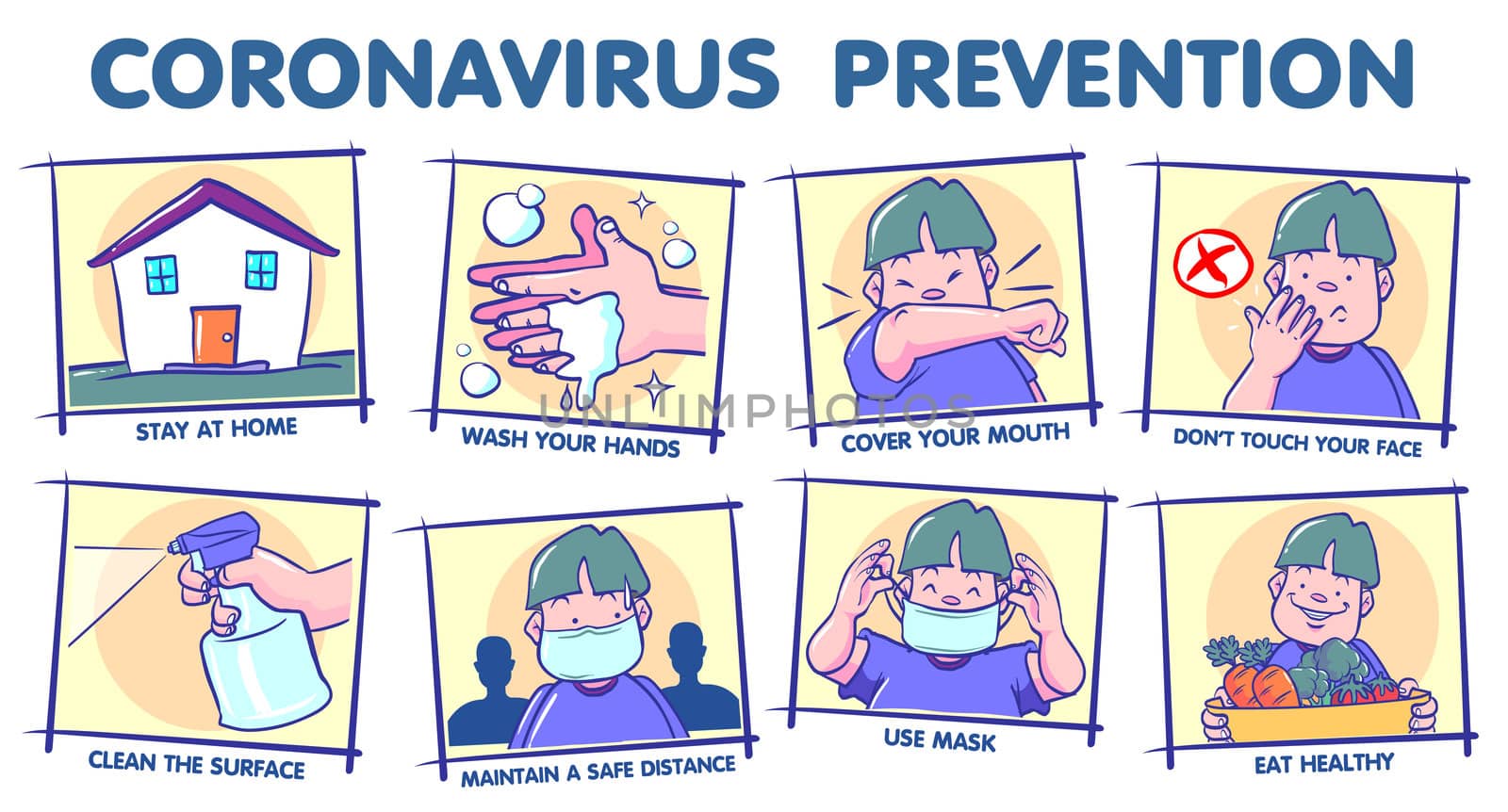 Coronavirus prevention tips. Quarantine Covid-19 instruction outside of street for people and society. Safety rules during pandemic ncov-2019, drawing vector cartoon illustration design.