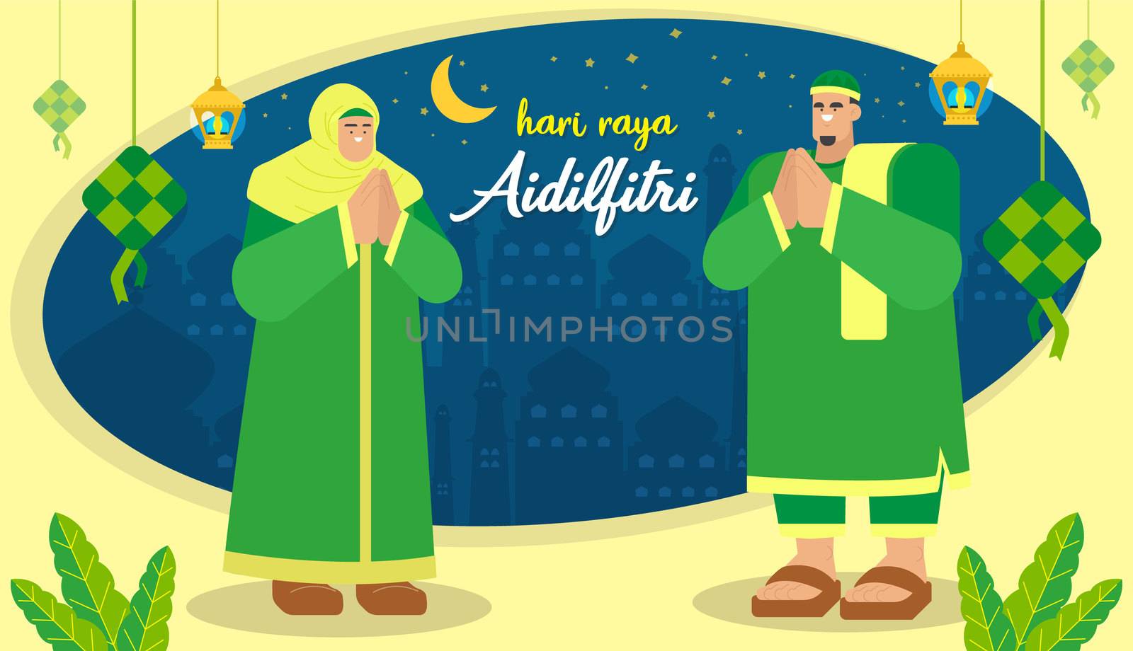 Flat design hari raya aidalfitri people greeting.