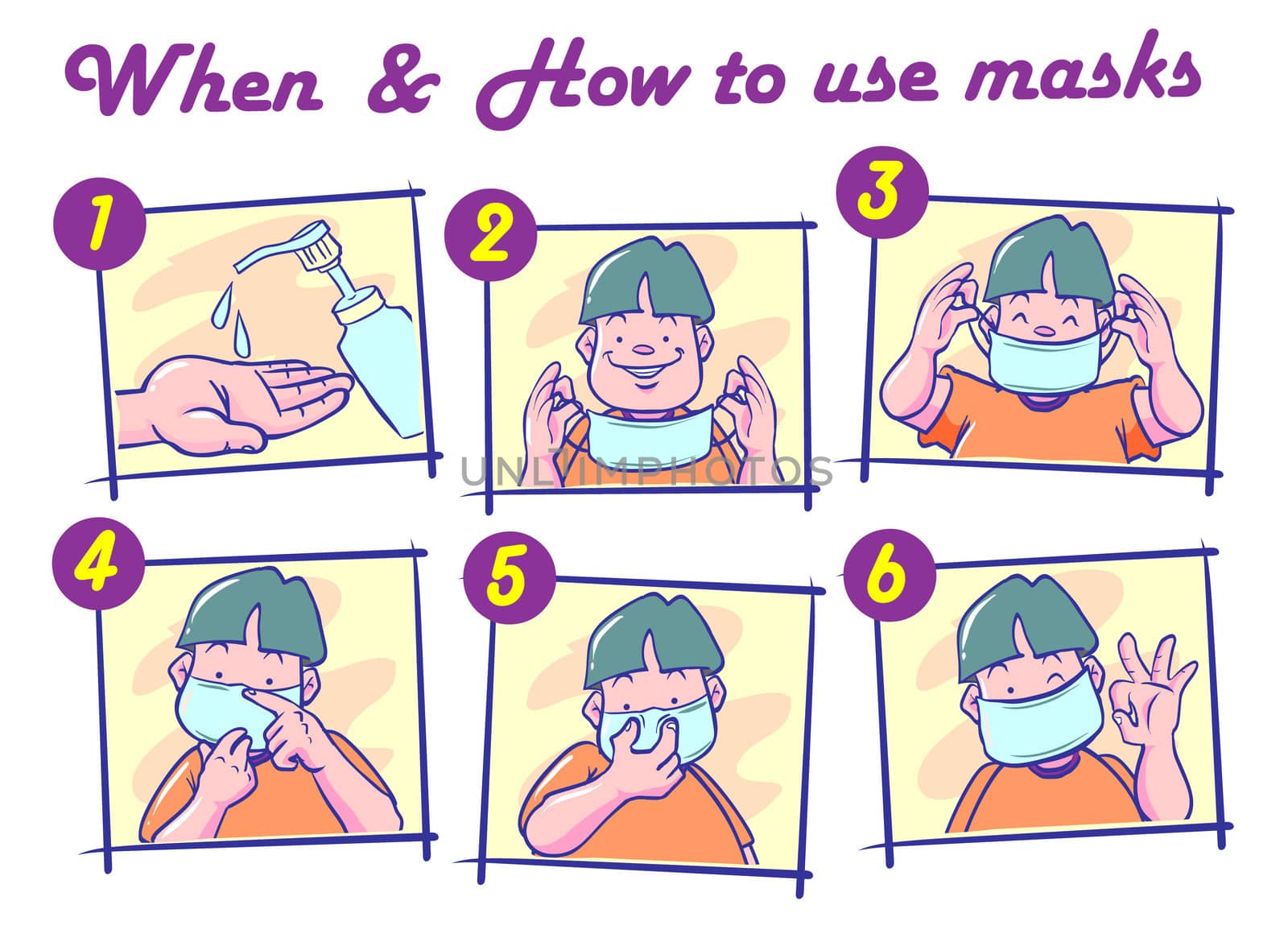 How to use masks correct. Man presenting the correct method of wearing a mask, To reduce the spread of germs, viruses and bacteria. Vector drawing illustration.