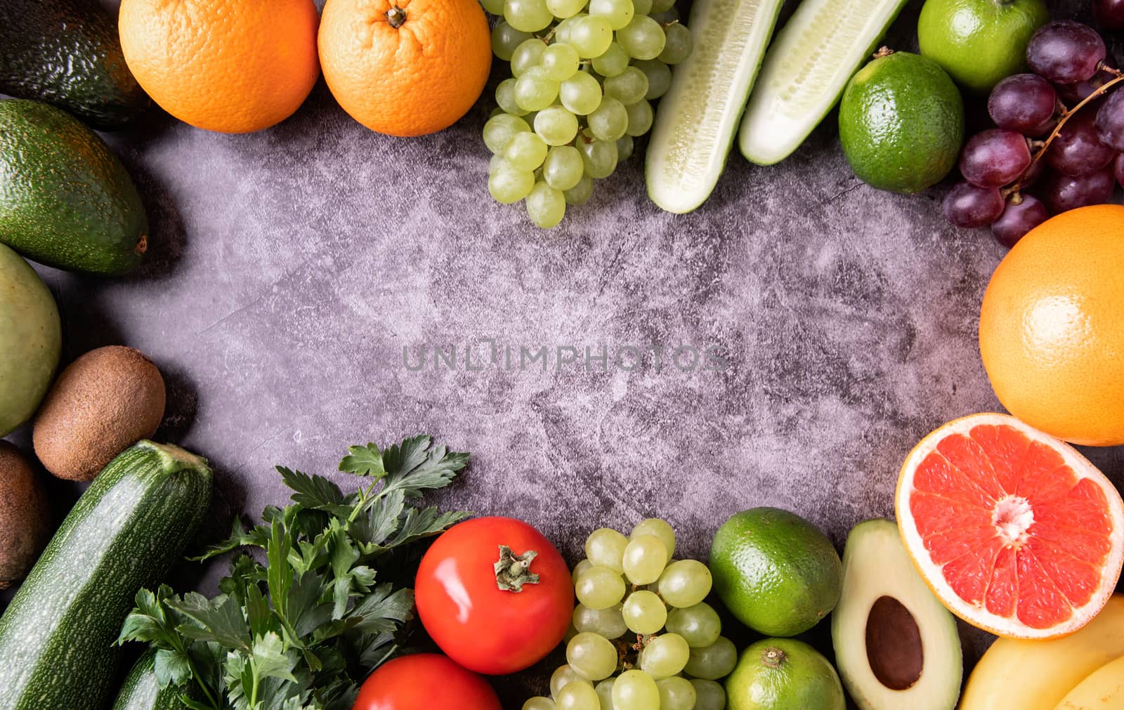 Fresh vegetables and fruit top view with copy space by Desperada