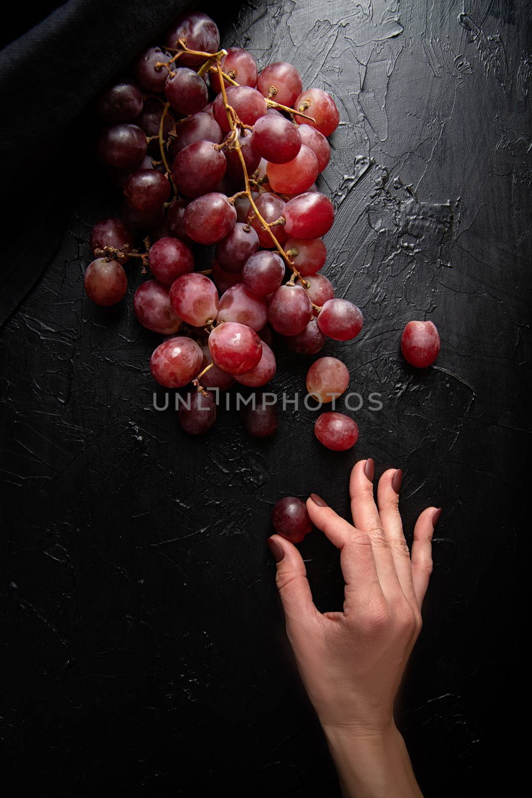Woman hand holding a grape from a bunch of red grapes top view on dark background by Desperada