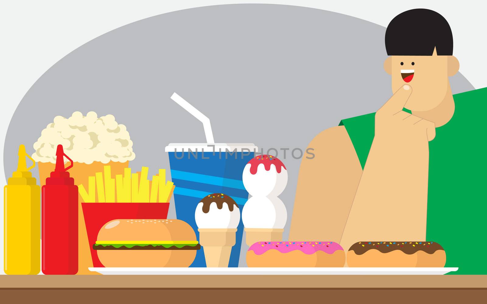 A collection of colorful snack fastfood sweets, in which the young man is choosing which piece to eat first.