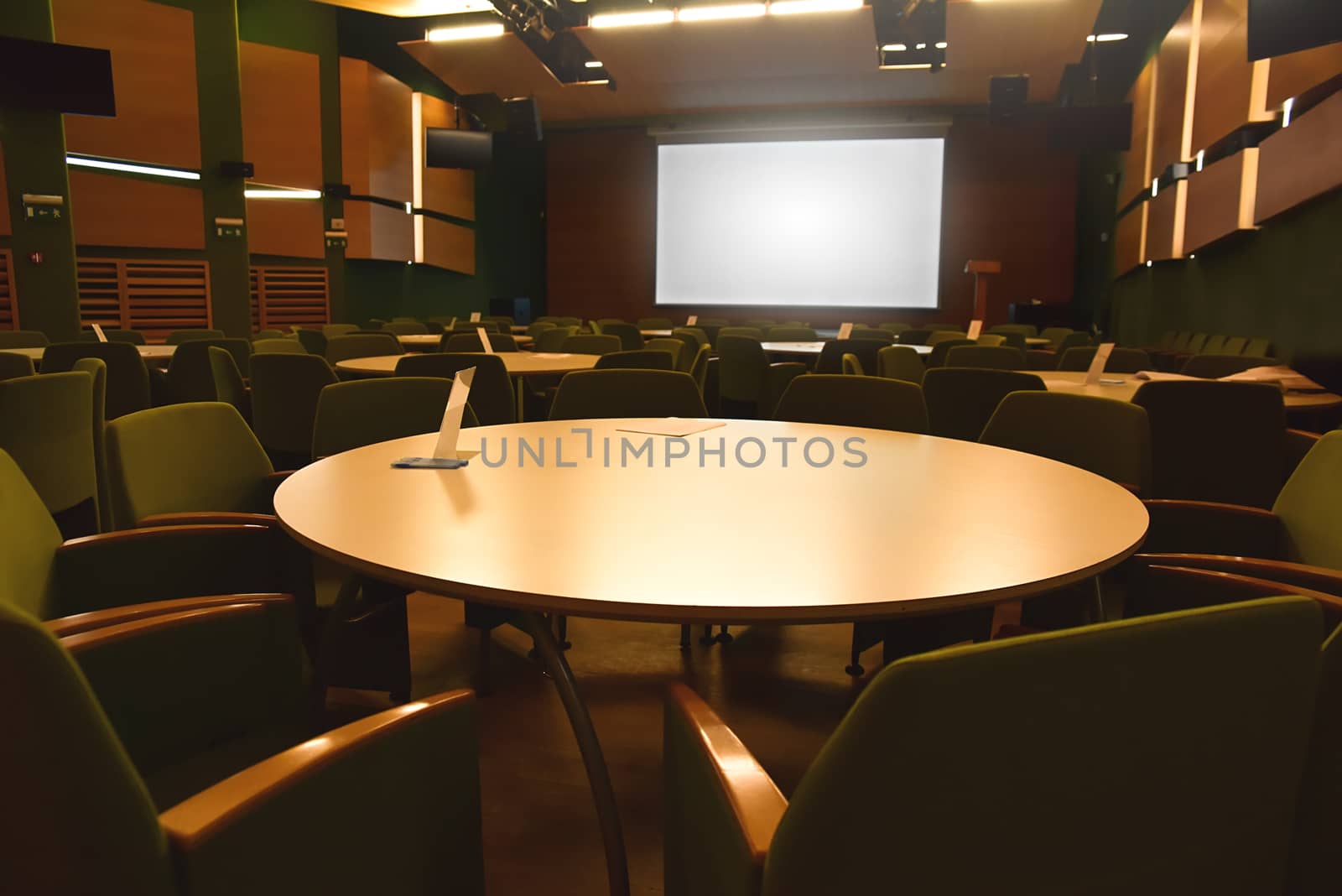 Interior of a modern company meeting room, nobody before the meeting begins. business