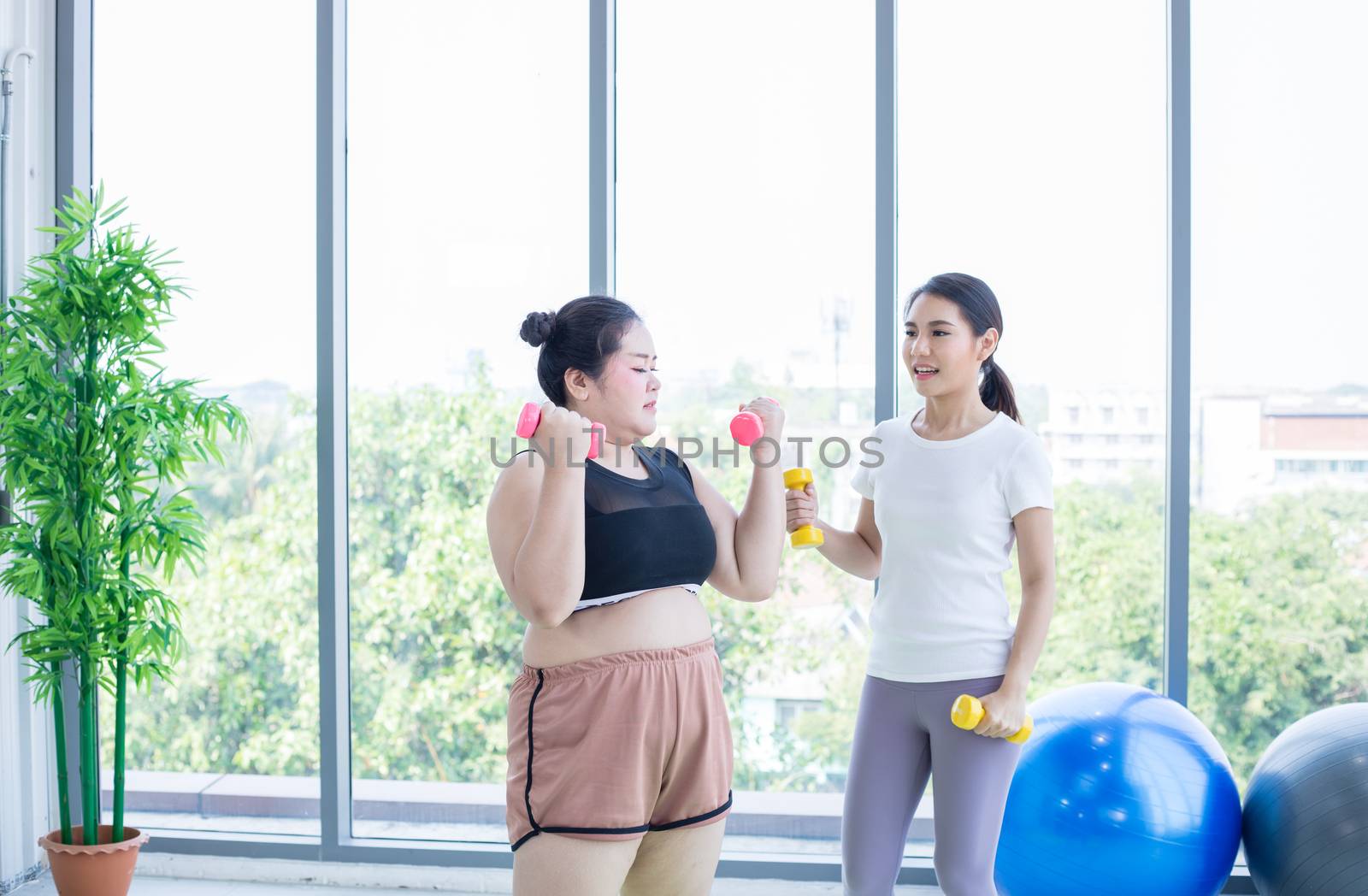 two Asian woman exercising with dumbbell at home by Tuiphotoengineer