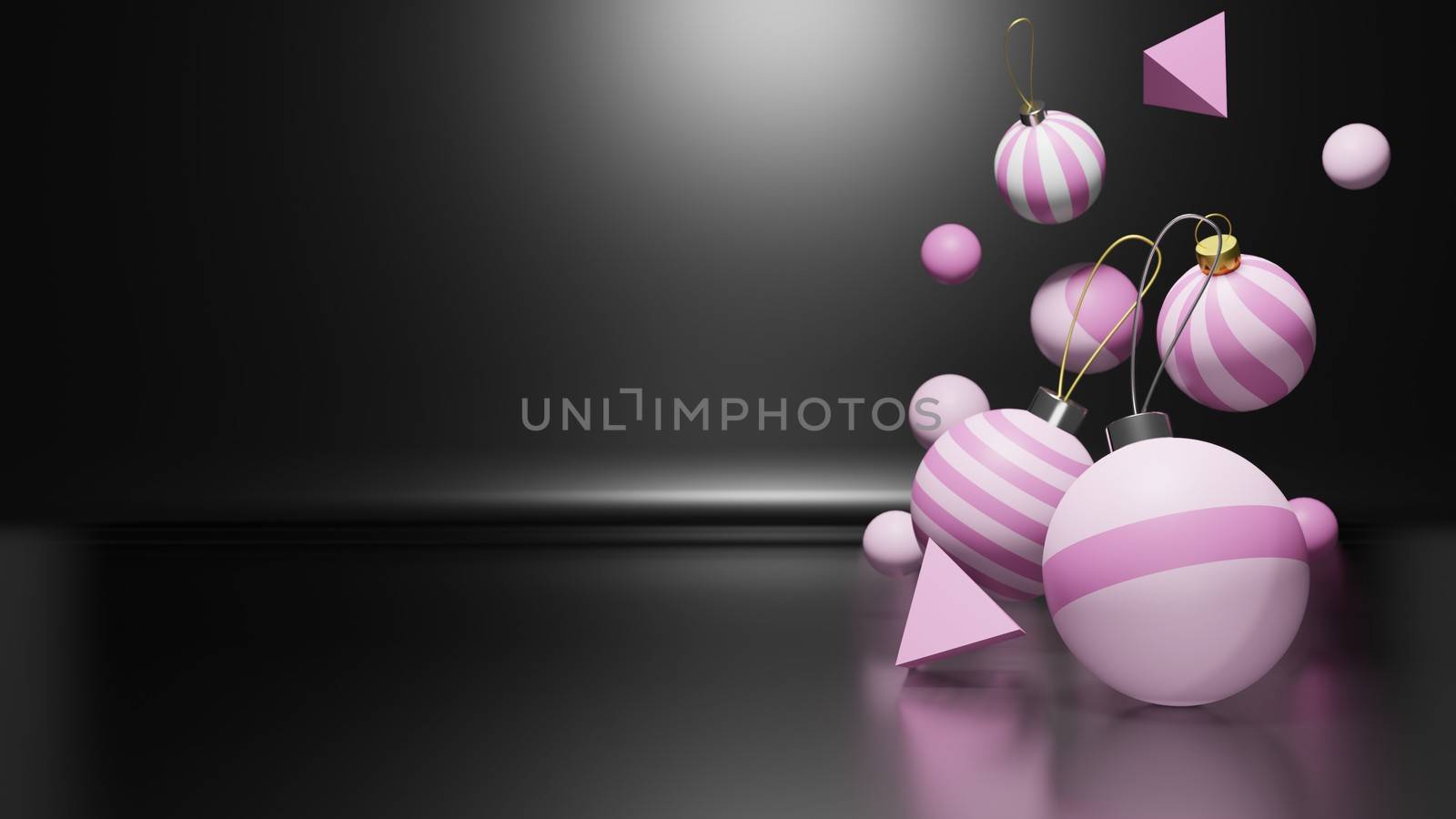 Christmas ornaments floating in space area for xmas/ christmas holiday season time. Floating x-mas bauble with ornament in 3D illustration or 3D rendering