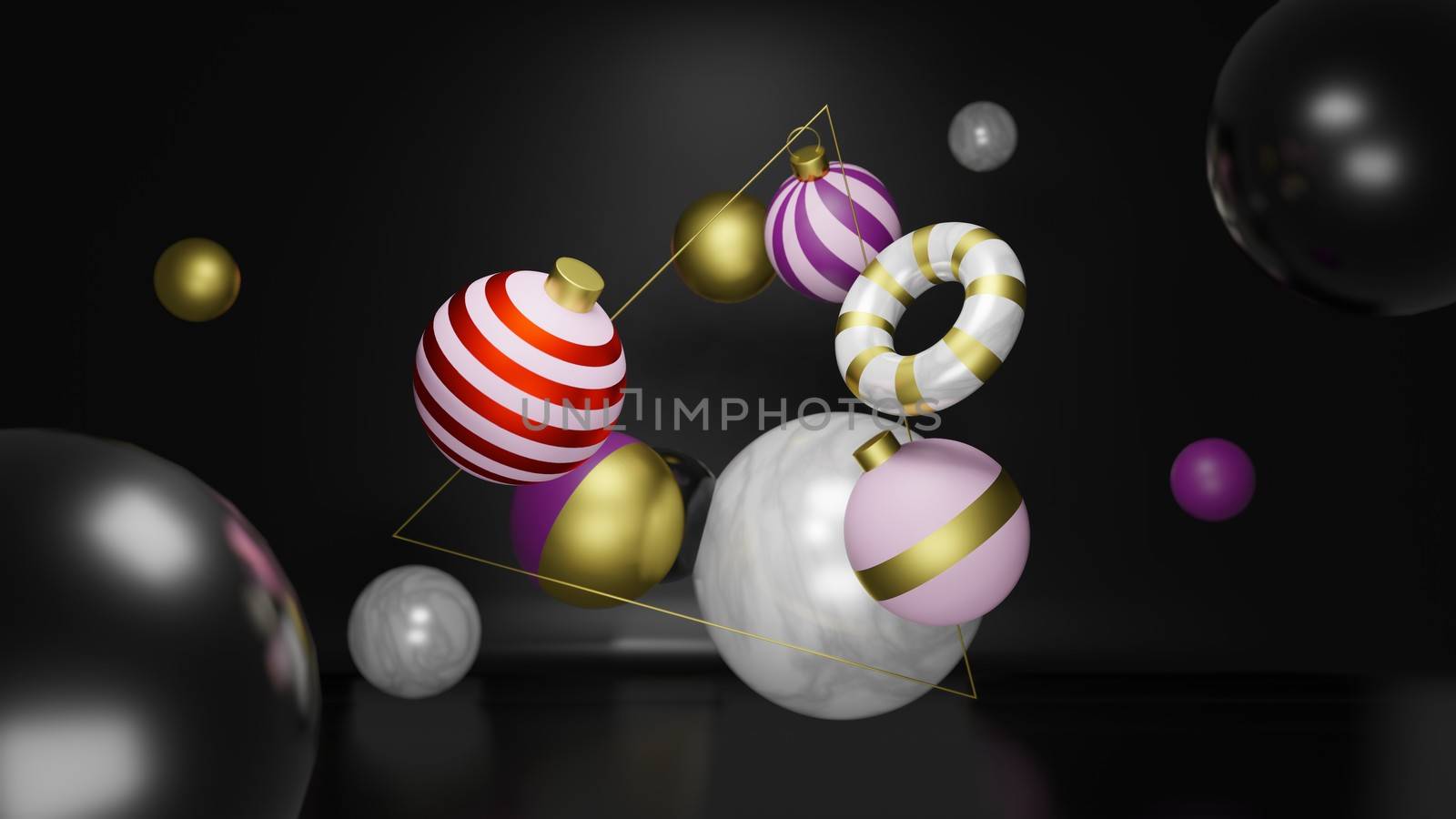 Christmas ornaments floating in space area for xmas/ christmas holiday season time. Floating x-mas bauble with ornament in 3D illustration or 3D rendering