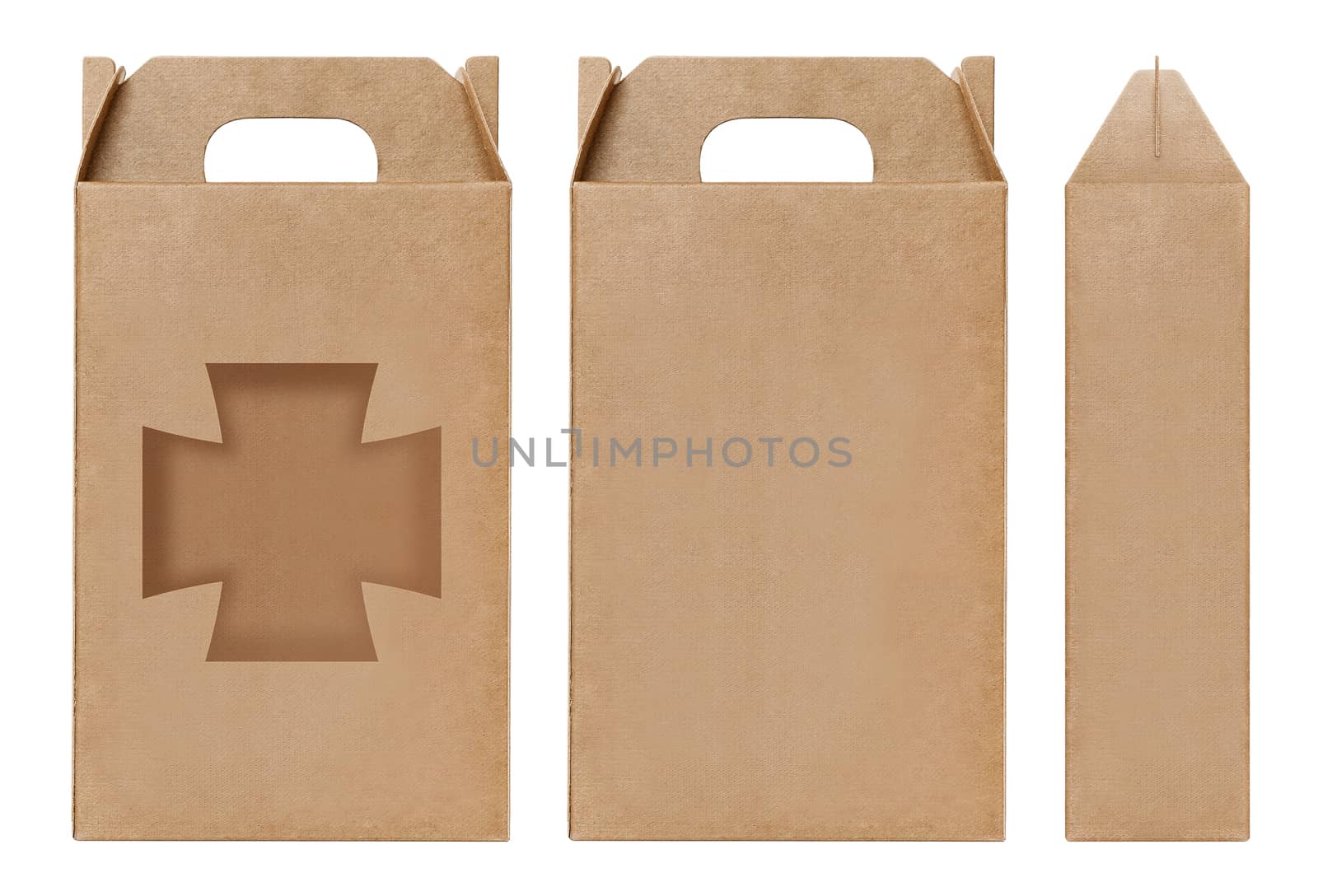 Box brown window shape cut out Packaging template, Empty kraft Box Cardboard isolated white background, Boxes Paper kraft natural material, Gift Box Brown Paper from Industrial Packaging carton