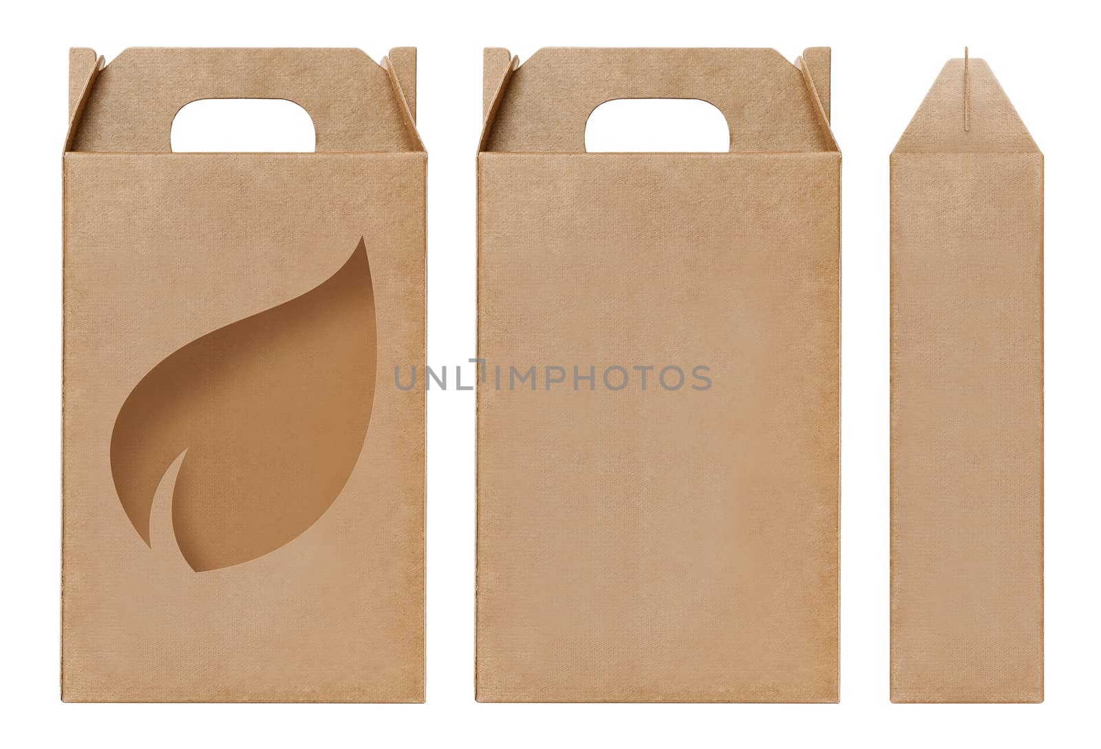 Box brown window Leaves shape cut out Packaging template, Empty kraft Box Cardboard isolated white background, Boxes Paper kraft natural material, Gift Box Brown Paper from Industrial Packaging carton