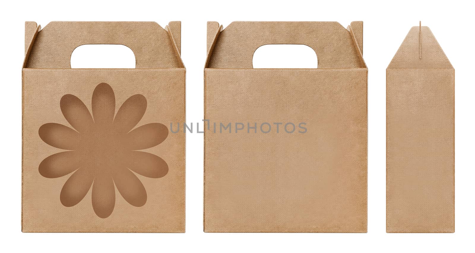 Box brown window Flower shape cut out Packaging template, Empty kraft Box Cardboard isolated white background, Boxes Paper kraft natural material, Gift Box Brown Paper from Industrial Packaging carton