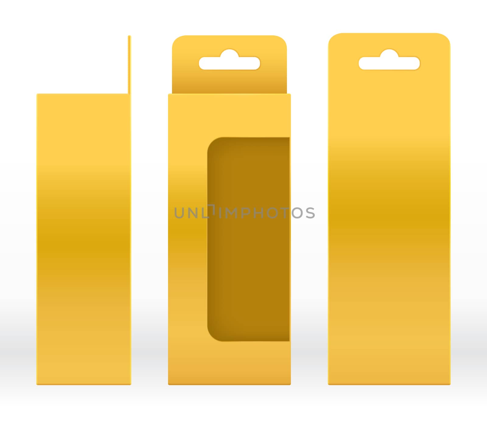 Hanging Box Gold window shape cut out Packaging Template blank. Luxury Empty Box Golden Template for design product package gift box, Gold Box packaging paper kraft cardboard package by cgdeaw