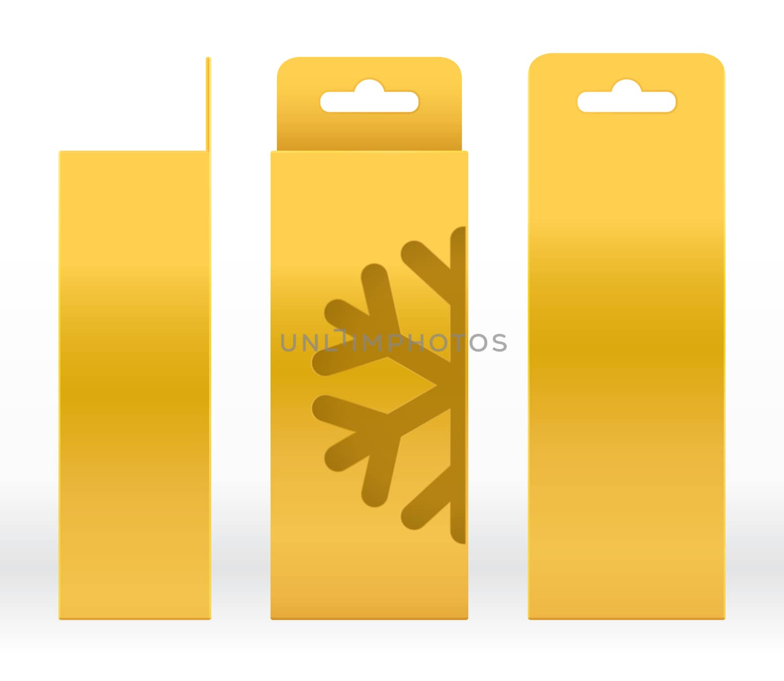 Hanging Box Gold window Snow Shape cut out Packaging Template blank. Luxury Empty Box Golden Template for design product package gift box, Gold Box packaging paper kraft cardboard package