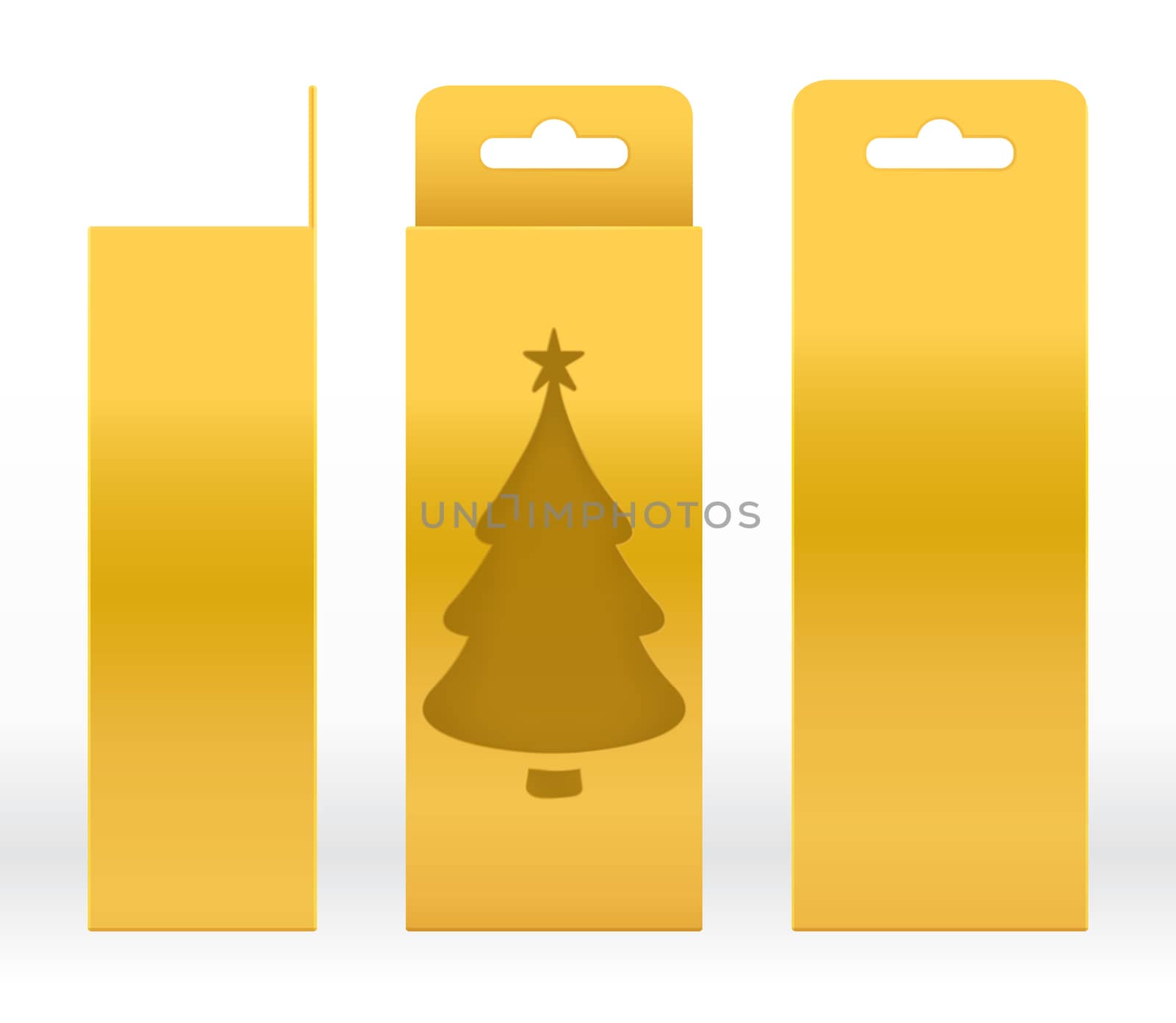 Hanging Box Gold window Christmas tree shape cut out Packaging Template blank. Luxury Empty Box Golden Template for design product package gift box, Gold Box packaging paper kraft cardboard package