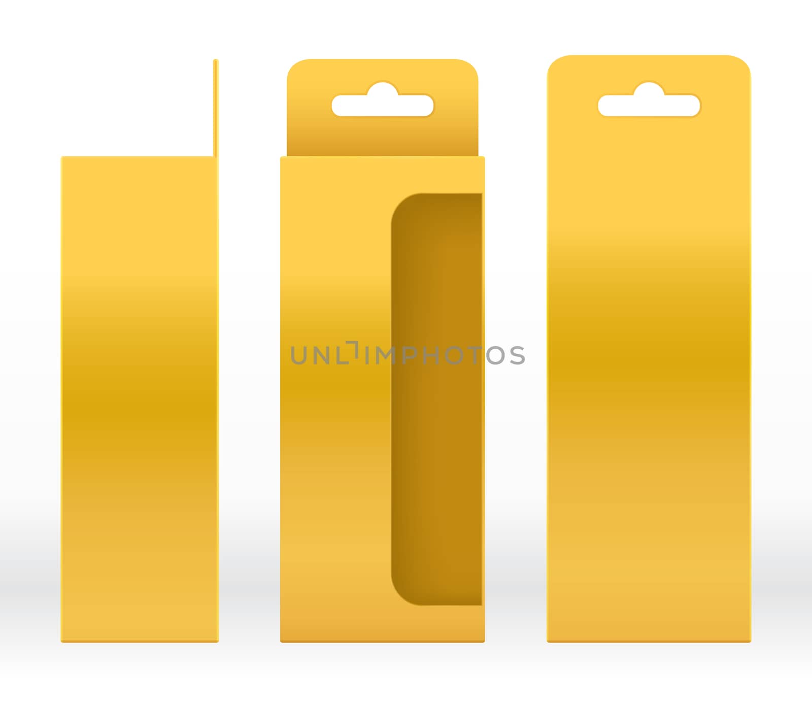 Hanging Box Gold window shape cut out Packaging Template blank. Luxury Empty Box Golden Template for design product package gift box, Gold Box packaging paper kraft cardboard package