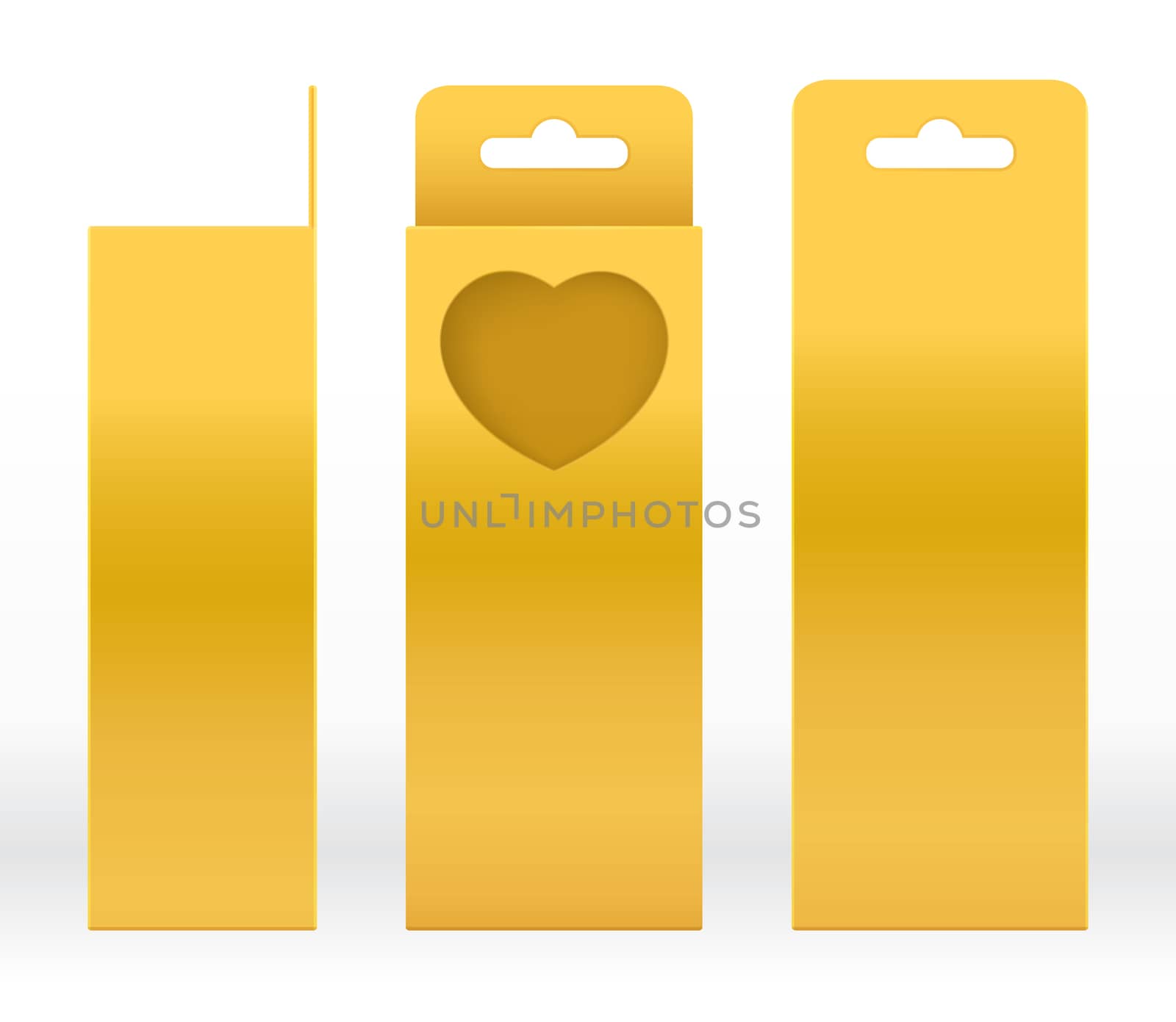 Hanging Box Gold window heart-shaped cut out Packaging Template blank. Luxury Empty Box Golden Template for design product package gift box, Gold Box packaging paper kraft cardboard package by cgdeaw