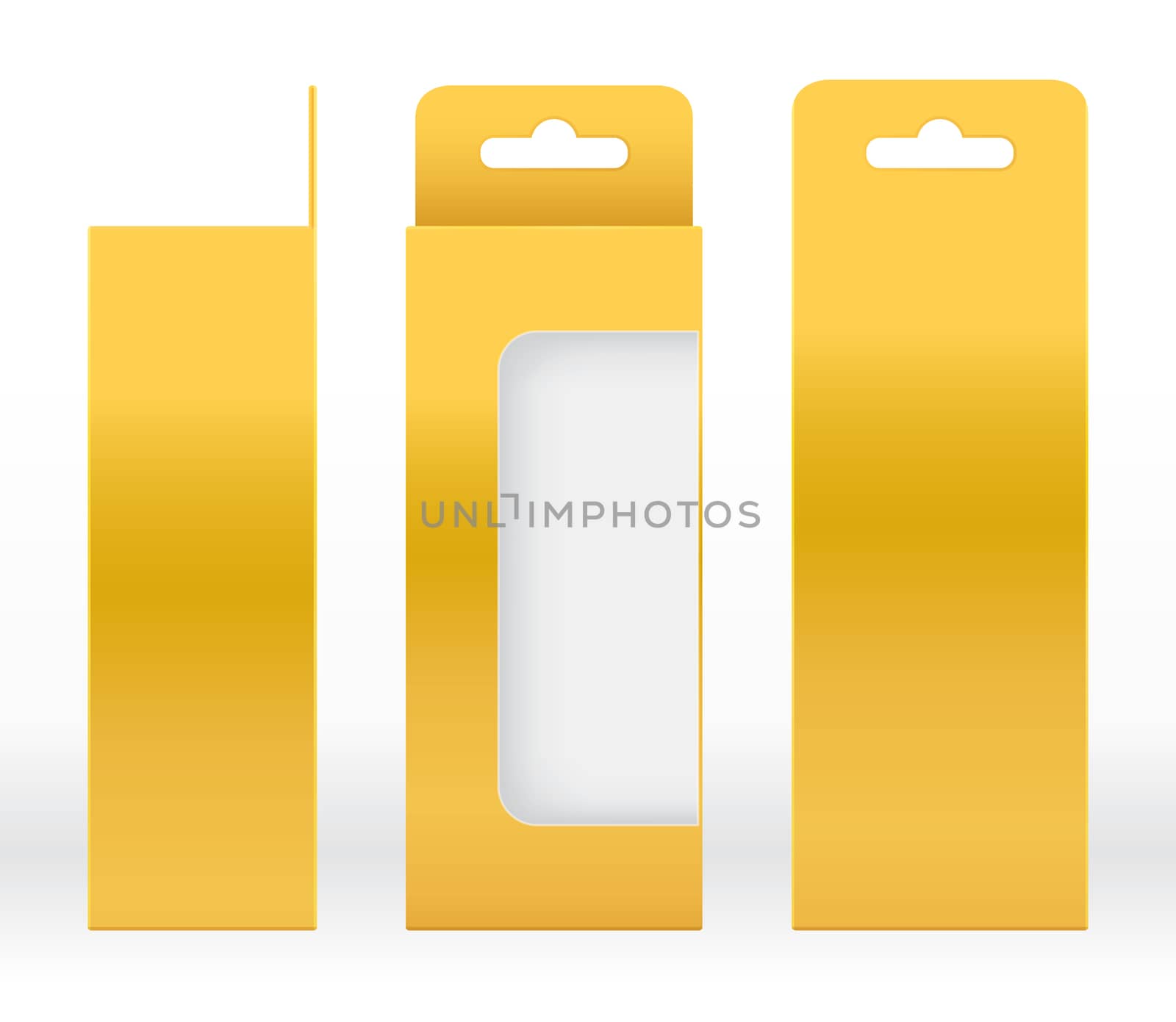 Hanging Box Gold window shape cut out Packaging Template blank. Luxury Empty Box Golden yellow Template for design product package gift box, Yellow Gold Box packaging paper kraft cardboard package by cgdeaw