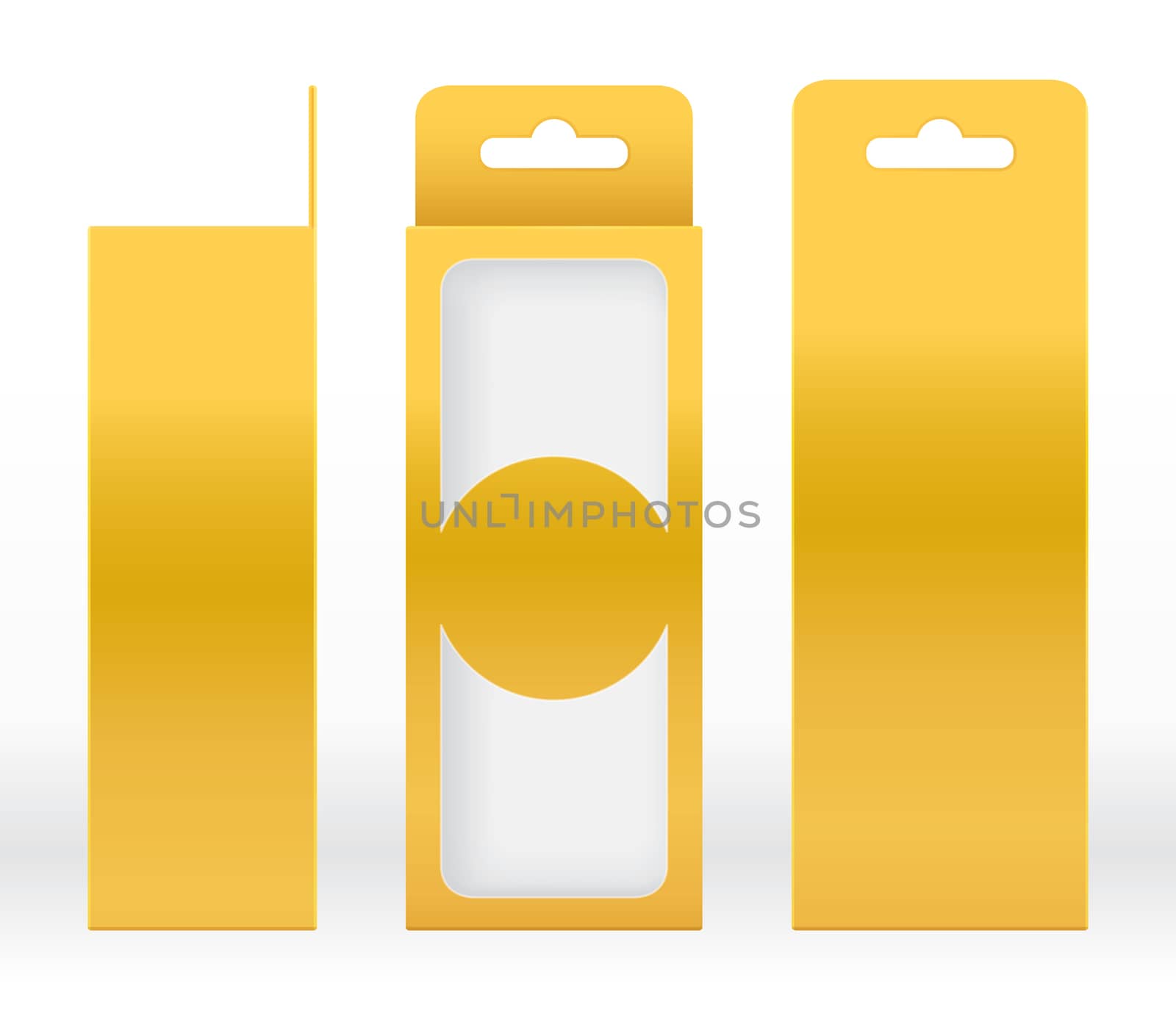 Hanging Box Gold window shape cut out Packaging Template blank. Luxury Empty Box Golden yellow Template for design product package gift box, Yellow Gold Box packaging paper kraft cardboard package