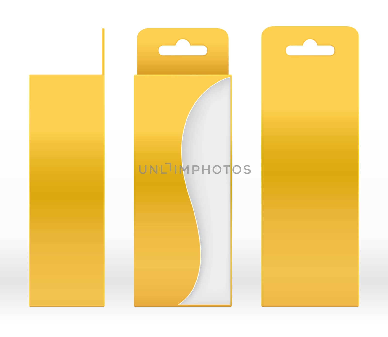 Hanging Box Gold window shape cut out Packaging Template blank. Luxury Empty Box Golden yellow Template for design product package gift box, Yellow Gold Box packaging paper kraft cardboard package