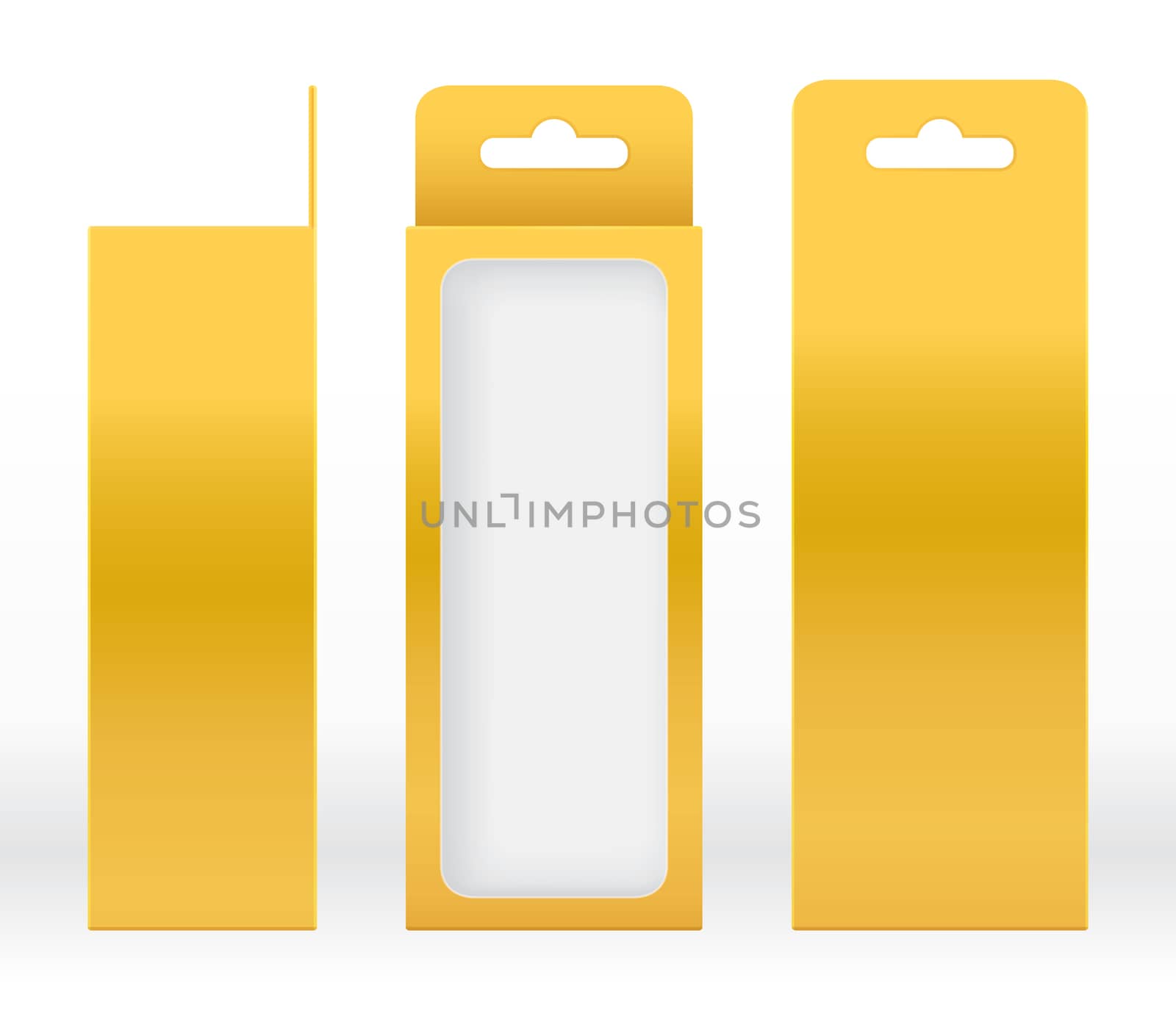 Hanging Box Gold window shape cut out Packaging Template blank. Luxury Empty Box Golden yellow Template for design product package gift box, Yellow Gold Box packaging paper kraft cardboard package
