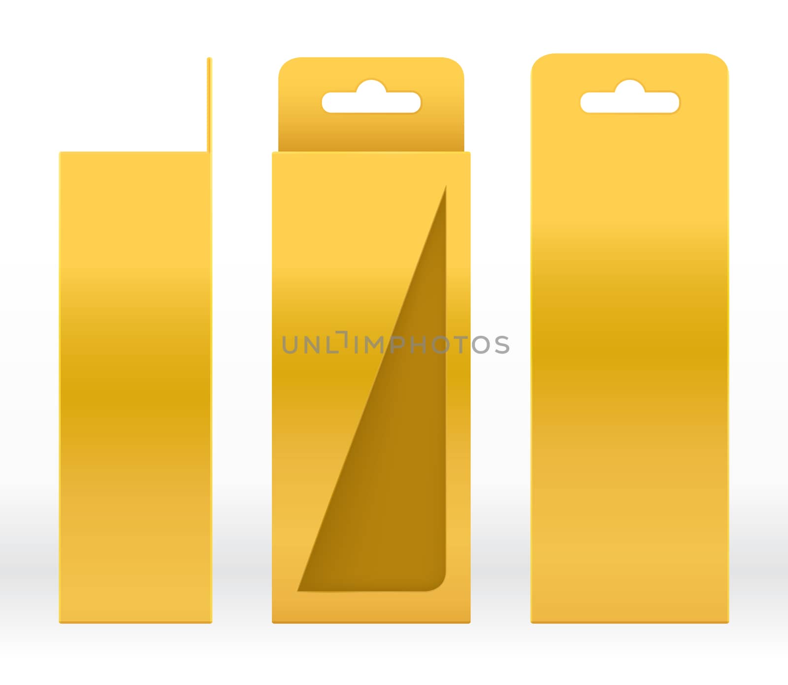 Hanging Box Gold window shape cut out Packaging Template blank. Luxury Empty Box Golden Template for design product package gift box, Gold Box packaging paper kraft cardboard package by cgdeaw