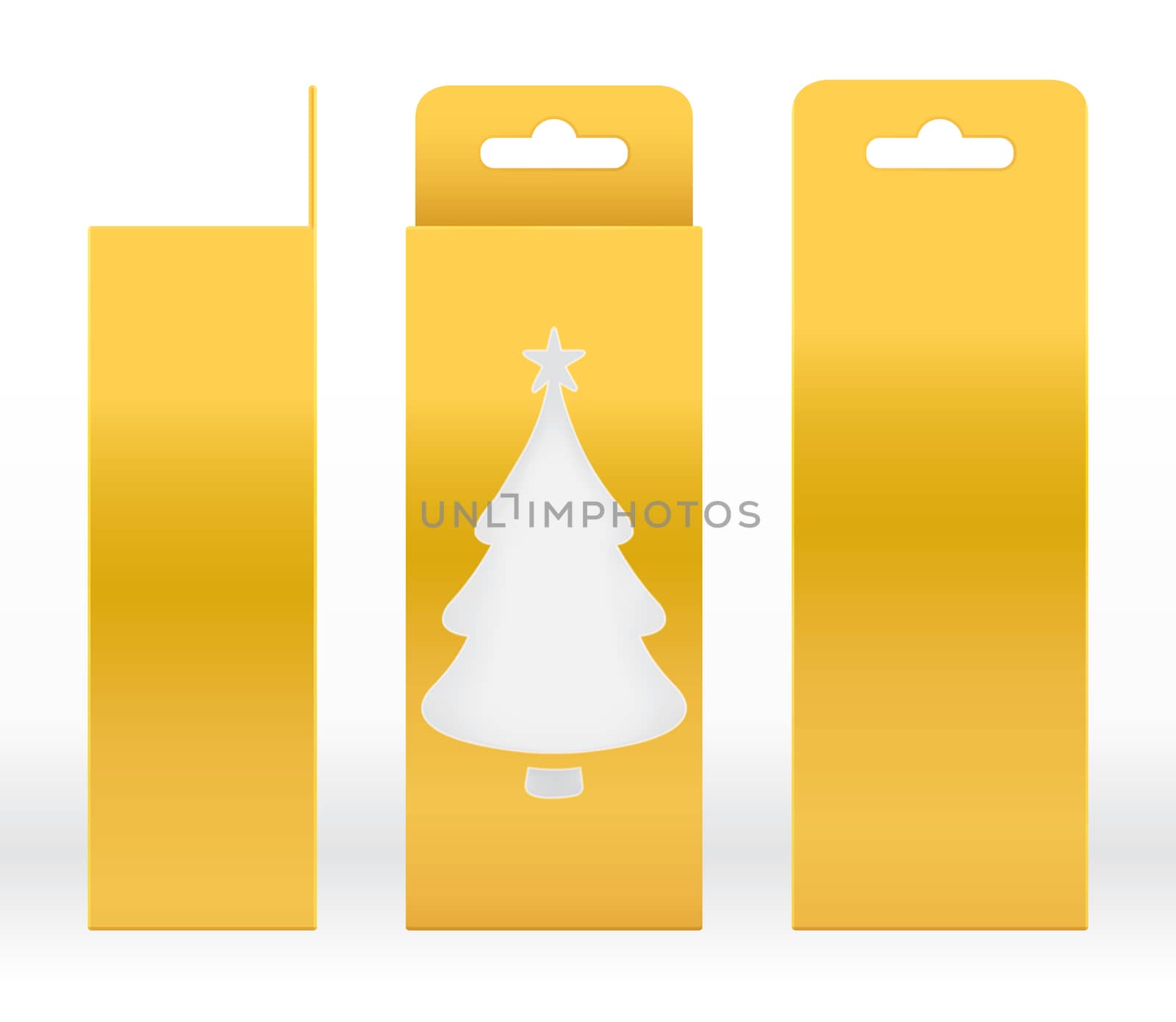 Hanging Box Gold window Christmas tree shape cut out Packaging Template blank. Luxury Empty Box Golden Template for design product package gift box, Gold Box packaging paper kraft cardboard package by cgdeaw