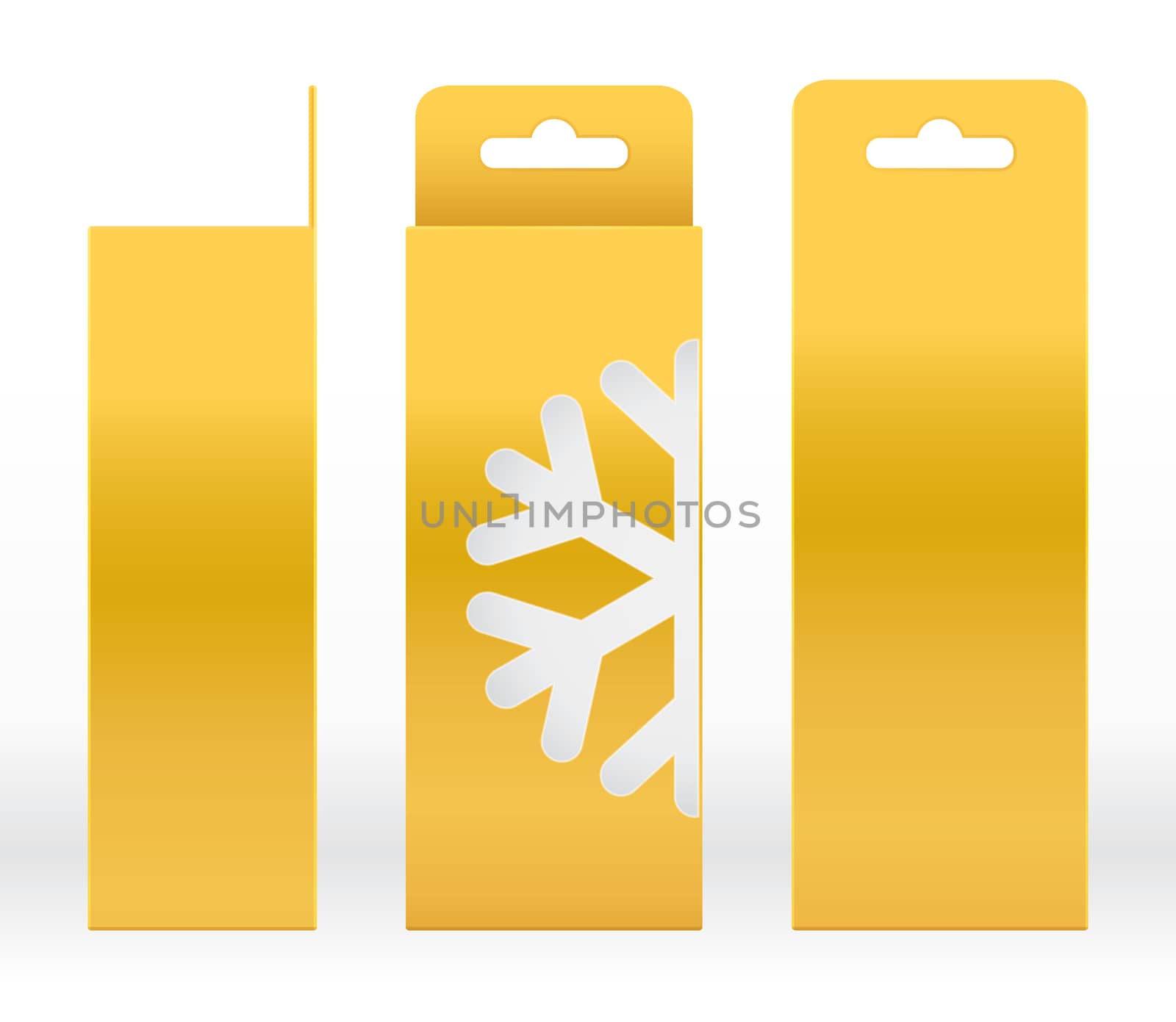 Hanging Box Gold window snow shape cut out Packaging Template blank. Luxury Empty Box Golden yellow Template for design product package gift box, Gold Box packaging paper kraft cardboard package